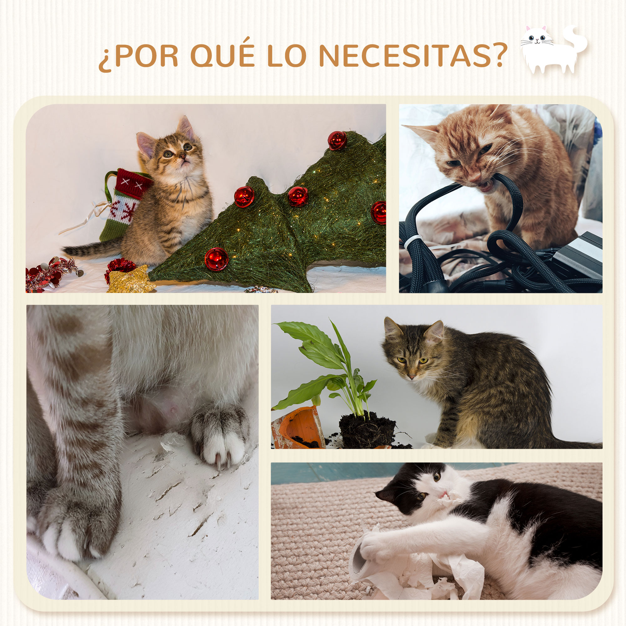 Collage: gatitos jugando, mordiendo cables, arañando y dañando plantas; gatos y destrucción.