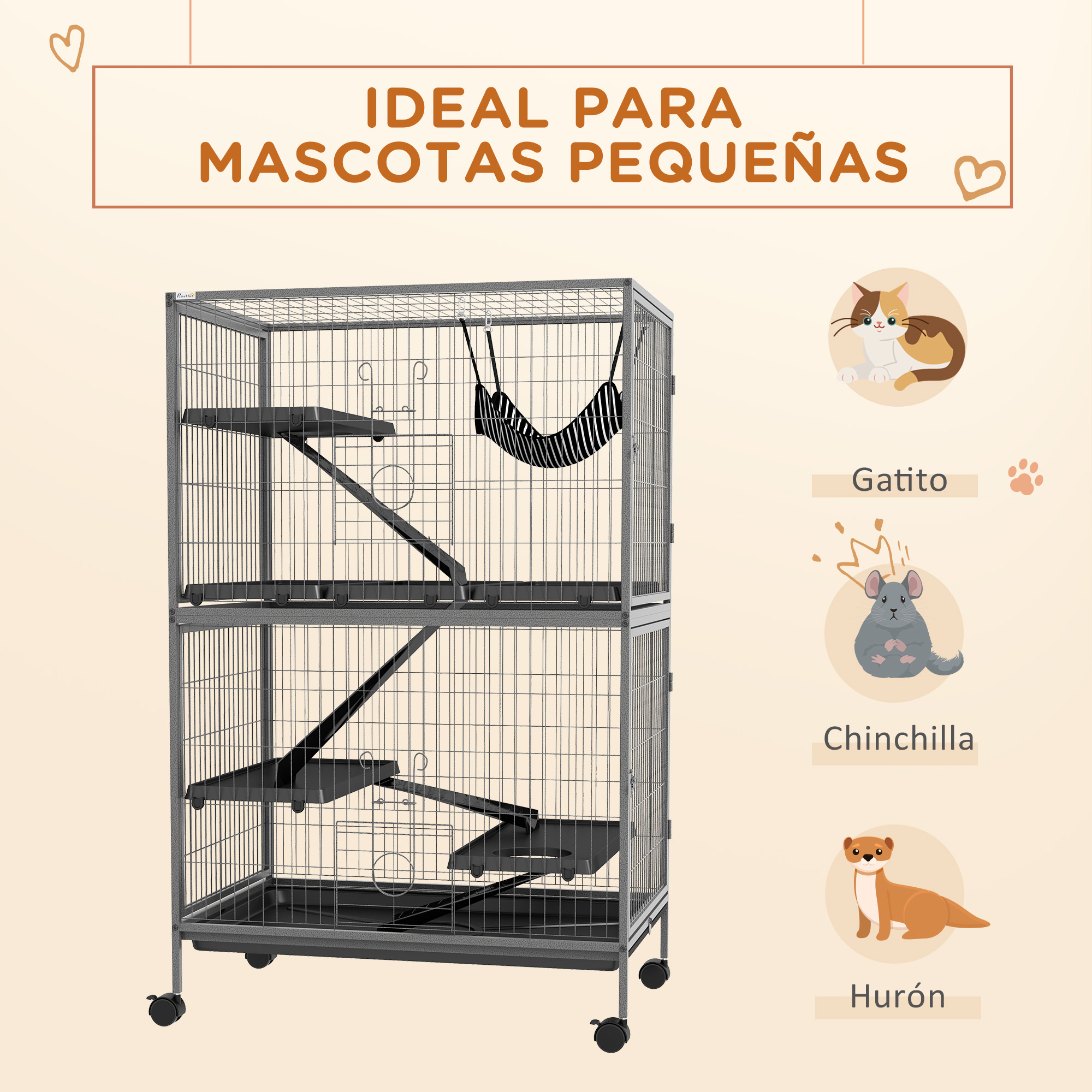 Jaula gris para mascotas con dos niveles y una hamaca. Ilustraciones de gato, chinchilla y hurón.