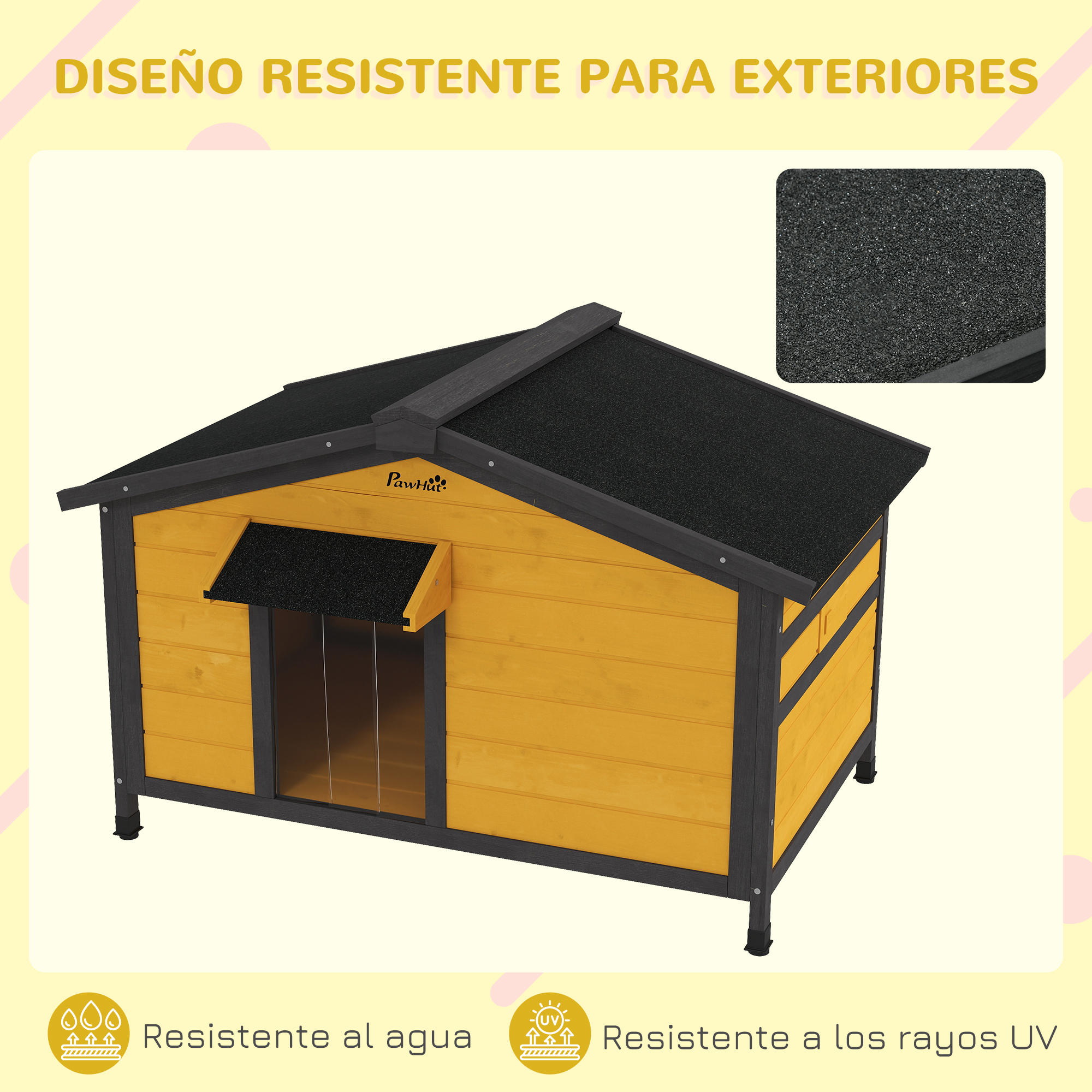 Casa para perros amarilla con techo negro. Texto abajo. Es un día soleado.