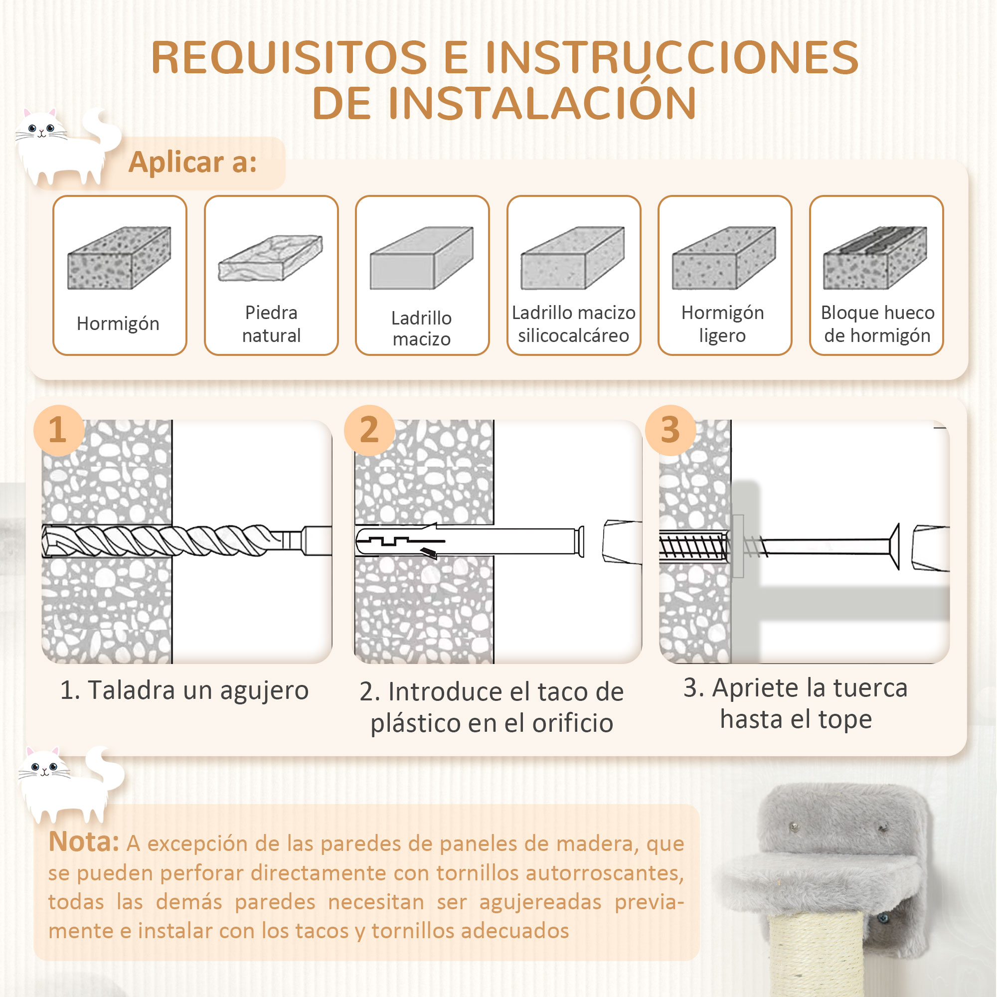 Diagrama que muestra cómo instalar un árbol para gatos. Pasos: taladrar un agujero, insertar plástico, apretar la tuerca.