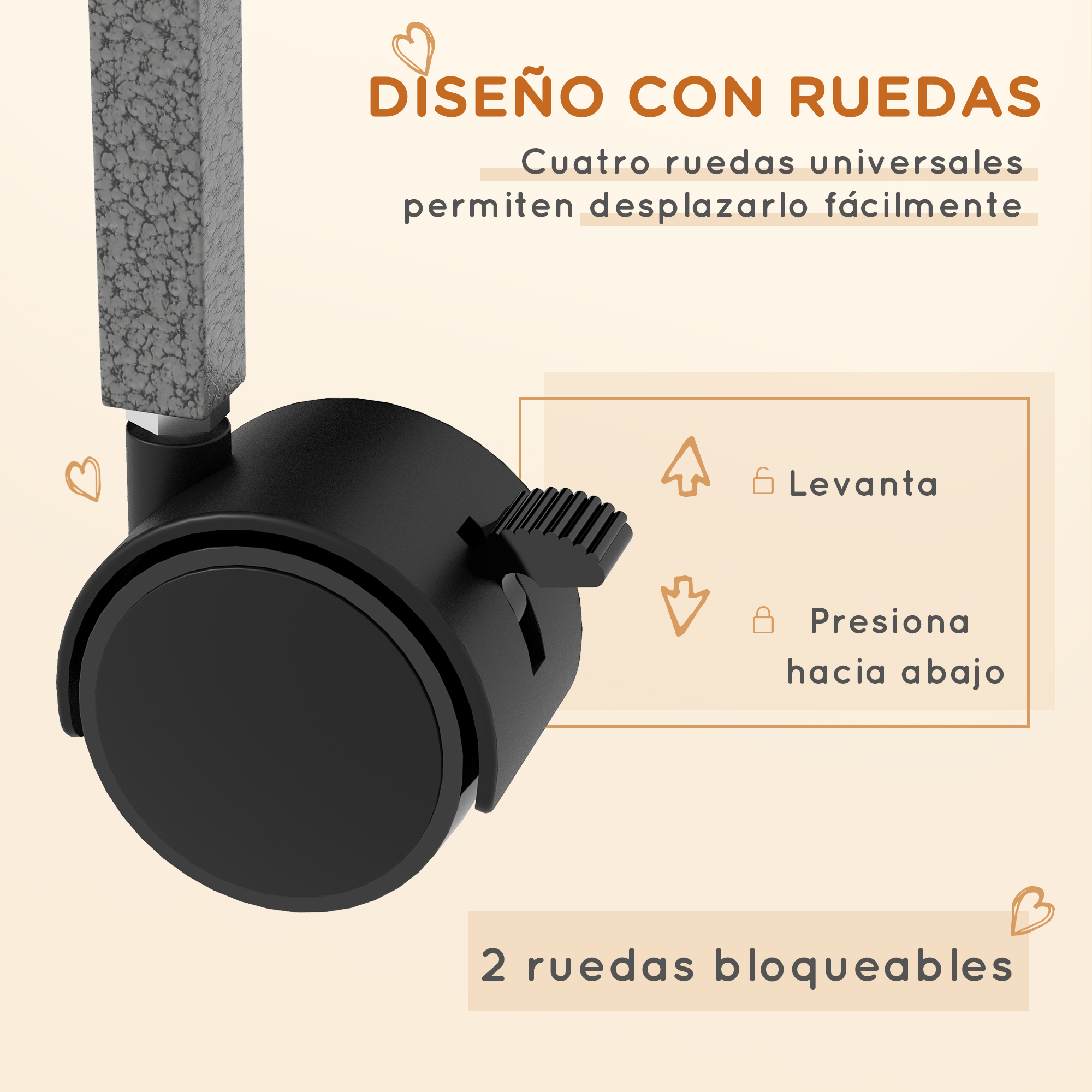Rueda negra con mecanismo de bloqueo. La rueda es parte de una estructura.