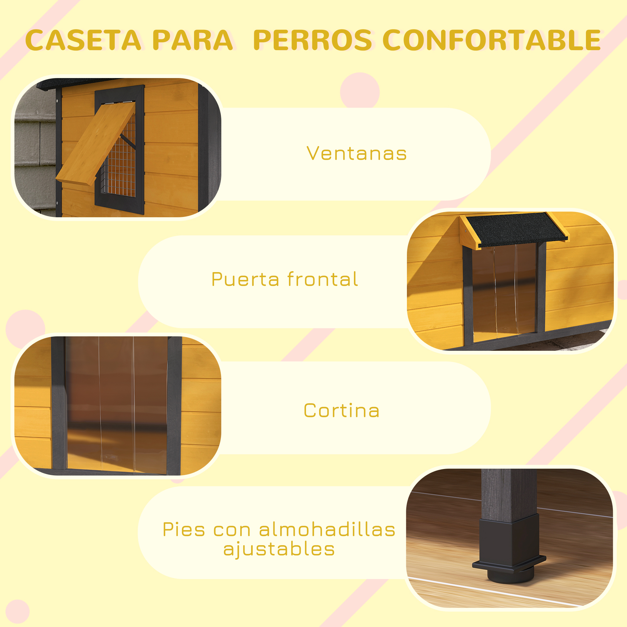 Casa para perros amarilla con ventanas, puerta.