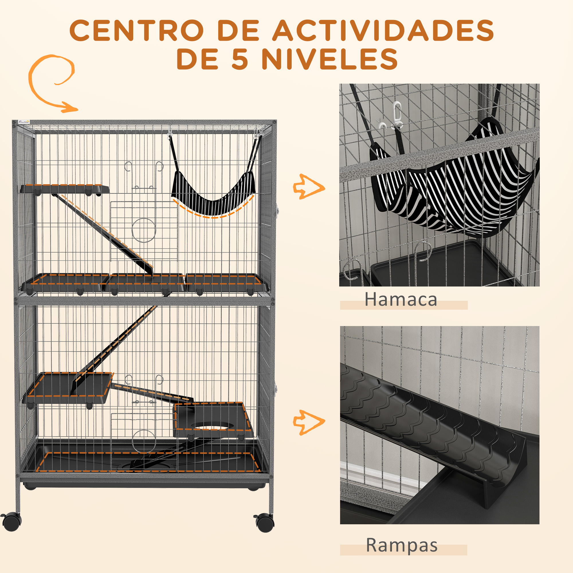 Jaula multi-nivel con hamaca y rampas.