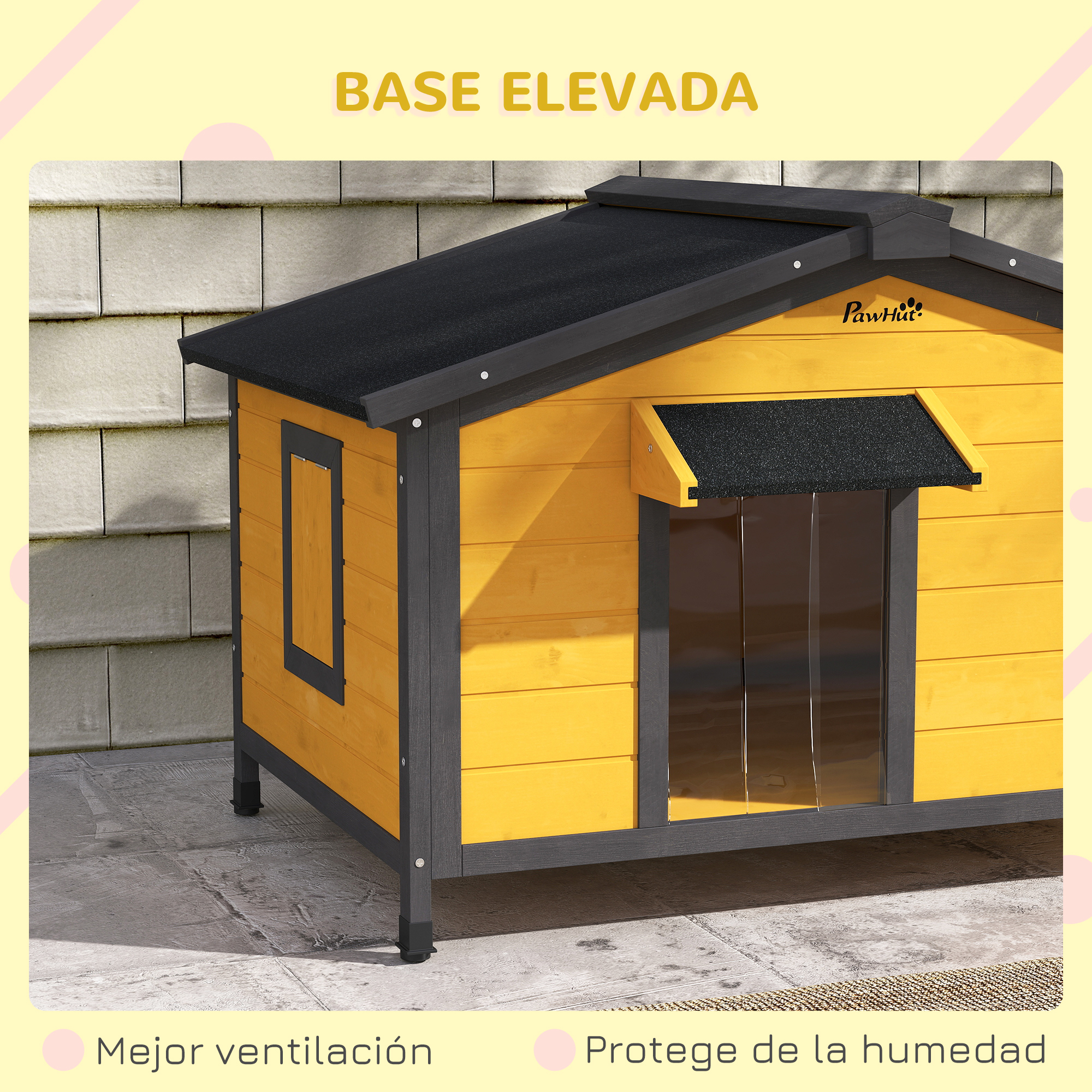 Una caseta para perros con cuerpo amarillo, techo negro y borde gris, promoviendo ventilación y protección contra la humedad.