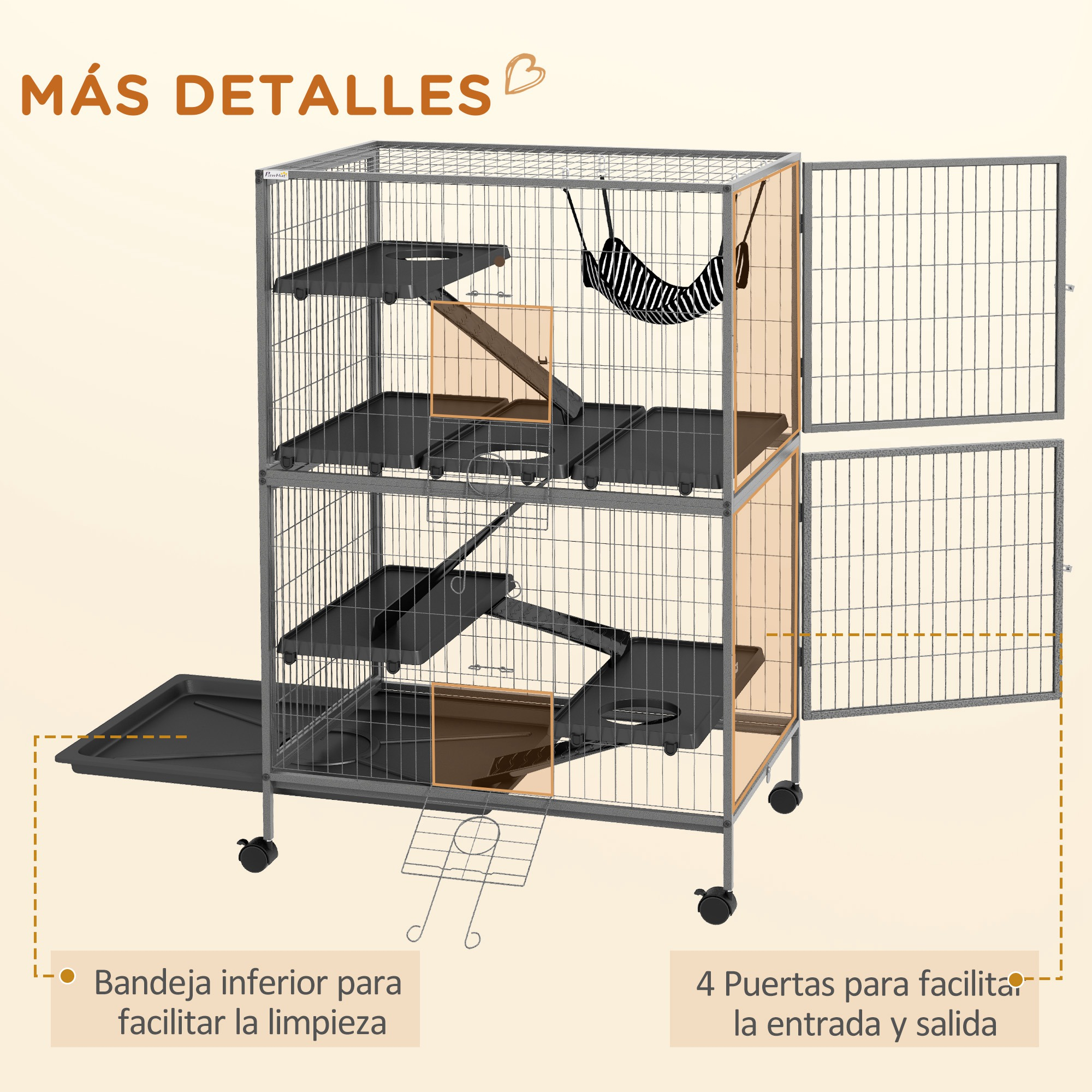 Una jaula alta para gatos con múltiples niveles, puertas abiertas y una bandeja sanitaria.