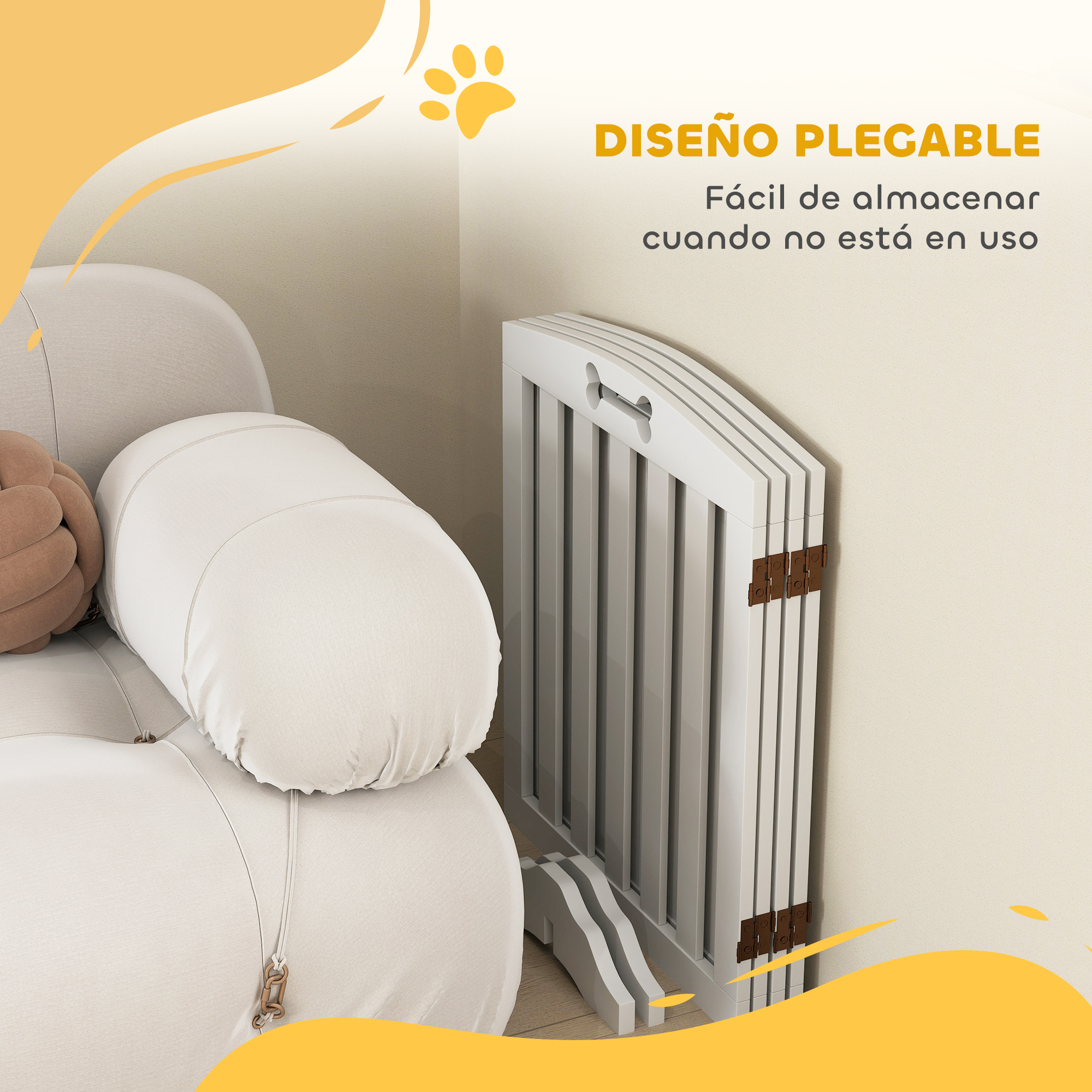 Una puerta plegable para mascotas se coloca junto a un sofá. La puerta es blanca con juntas marrones.