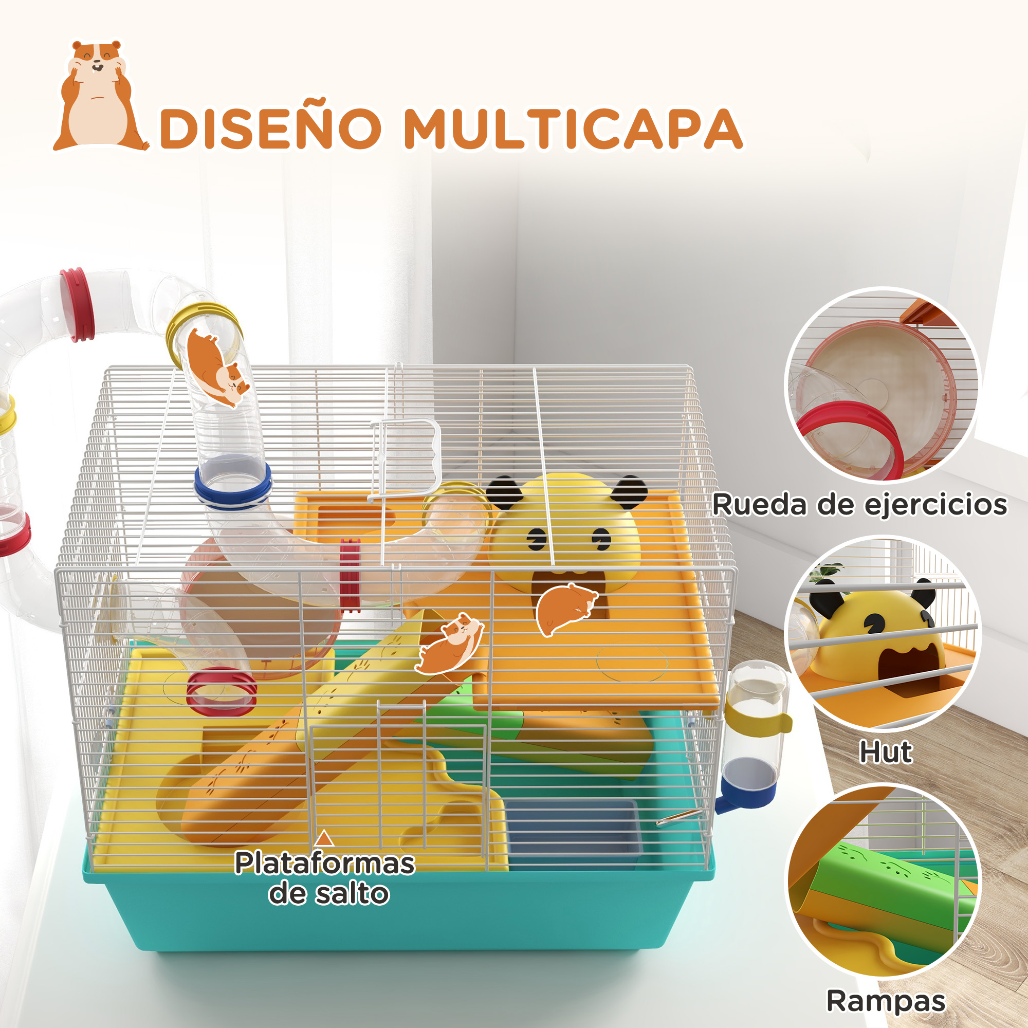 Jaula hámster multinivel con rampas, plataformas y rueda. Texto: «DISEÑO MULTICAPA».