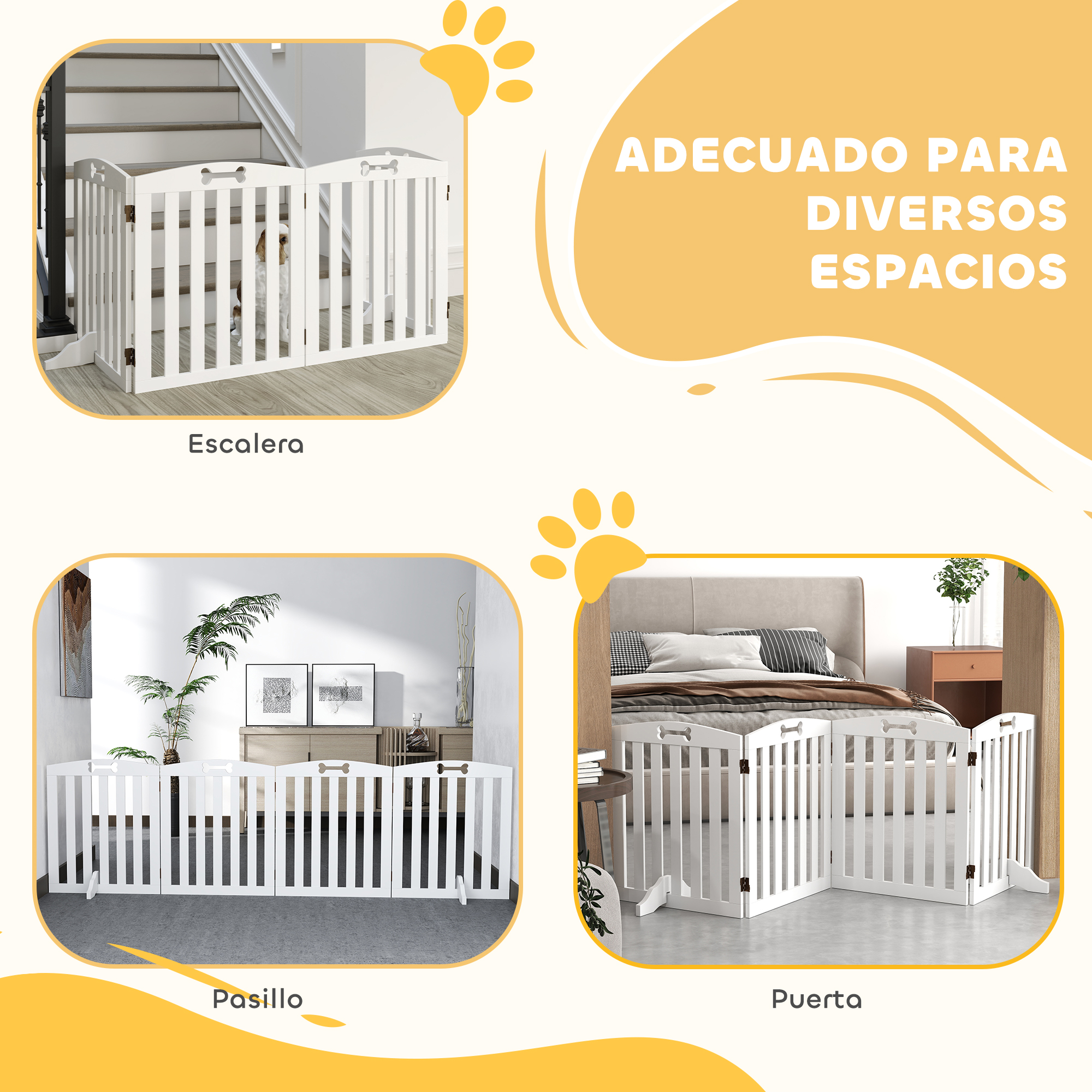 Puerta para mascotas blanca en diferentes escenarios. Adecuado para escaleras, pasillos y puertas. Huellas.