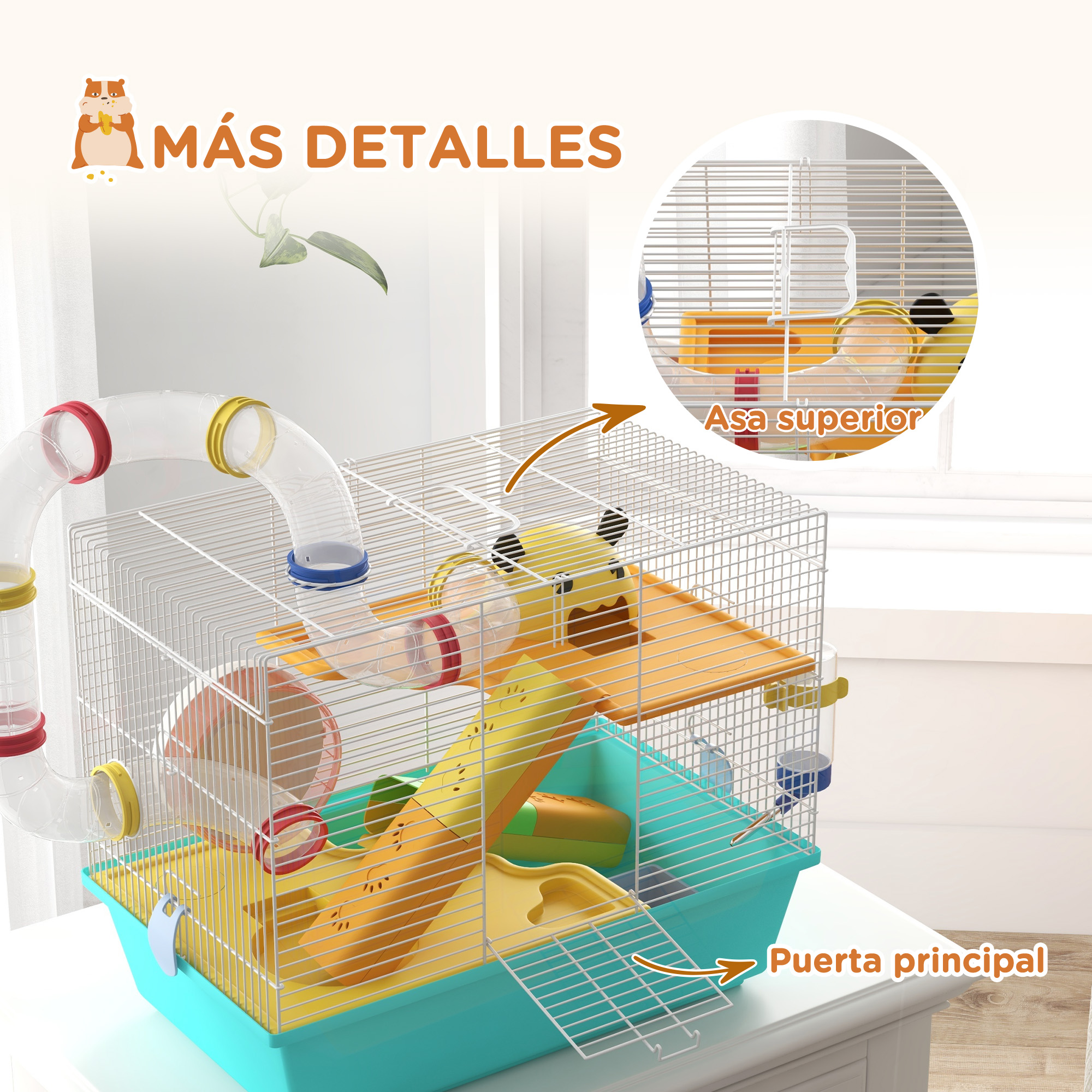 Jaula para hámster con tubos, plataformas y una puerta.