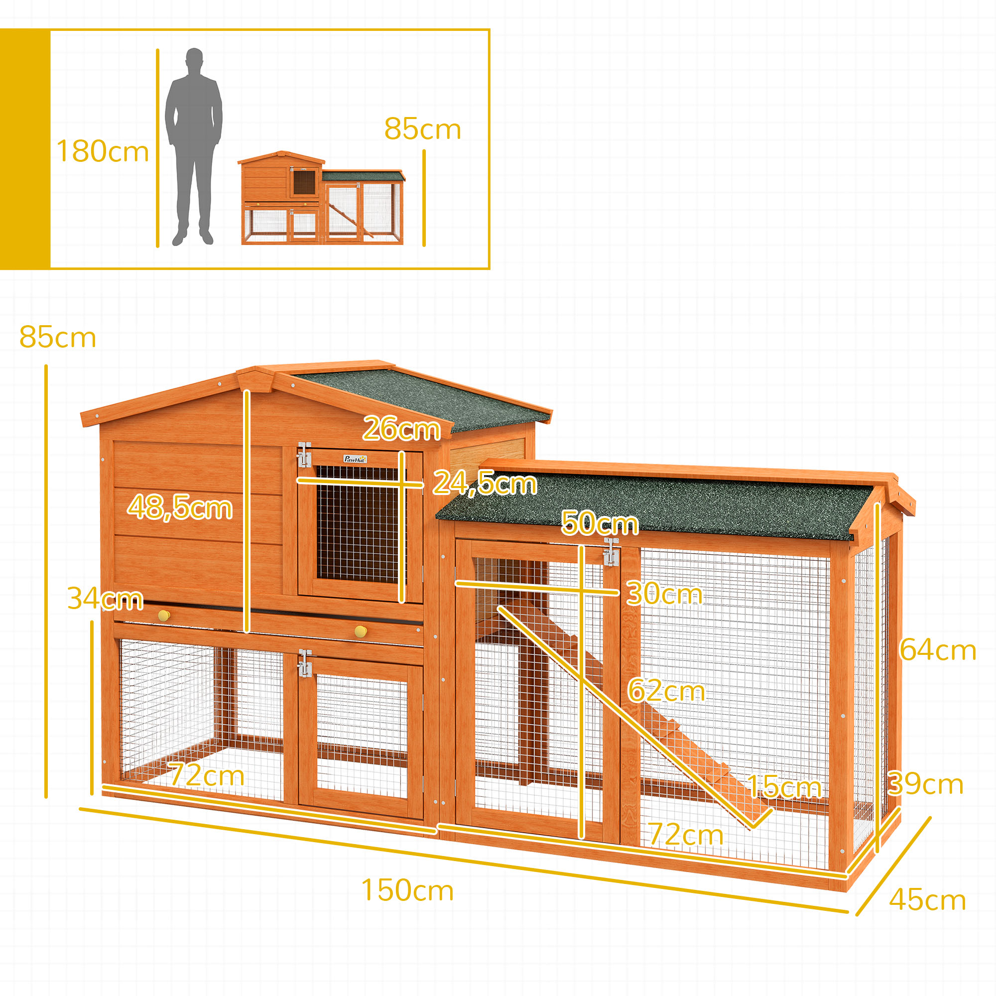 Conejera de madera con dimensiones etiquetadas. Incluye techo y malla metálica.