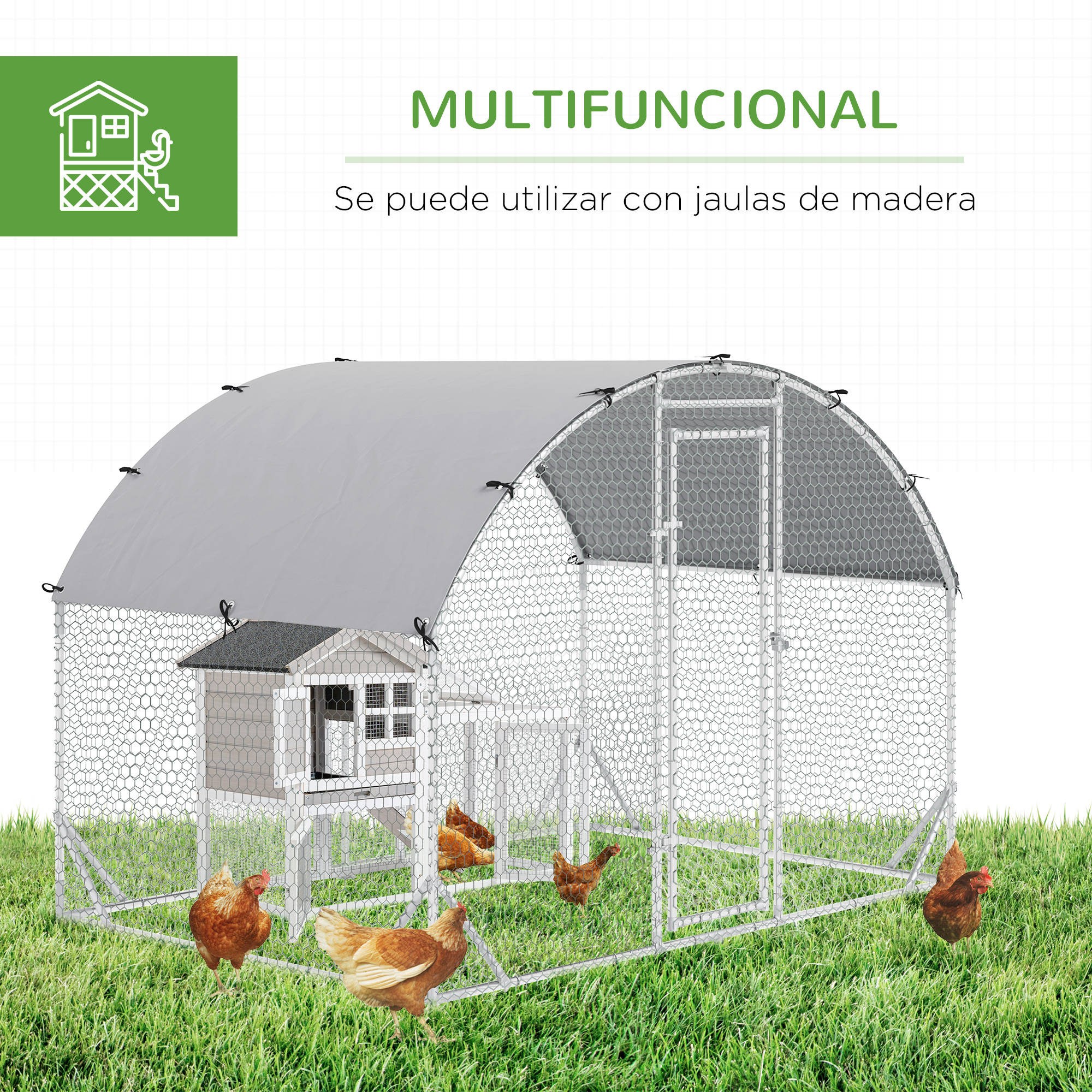 Gallinero con techo gris arqueado. Varias gallinas en la hierba. Una casita dentro.