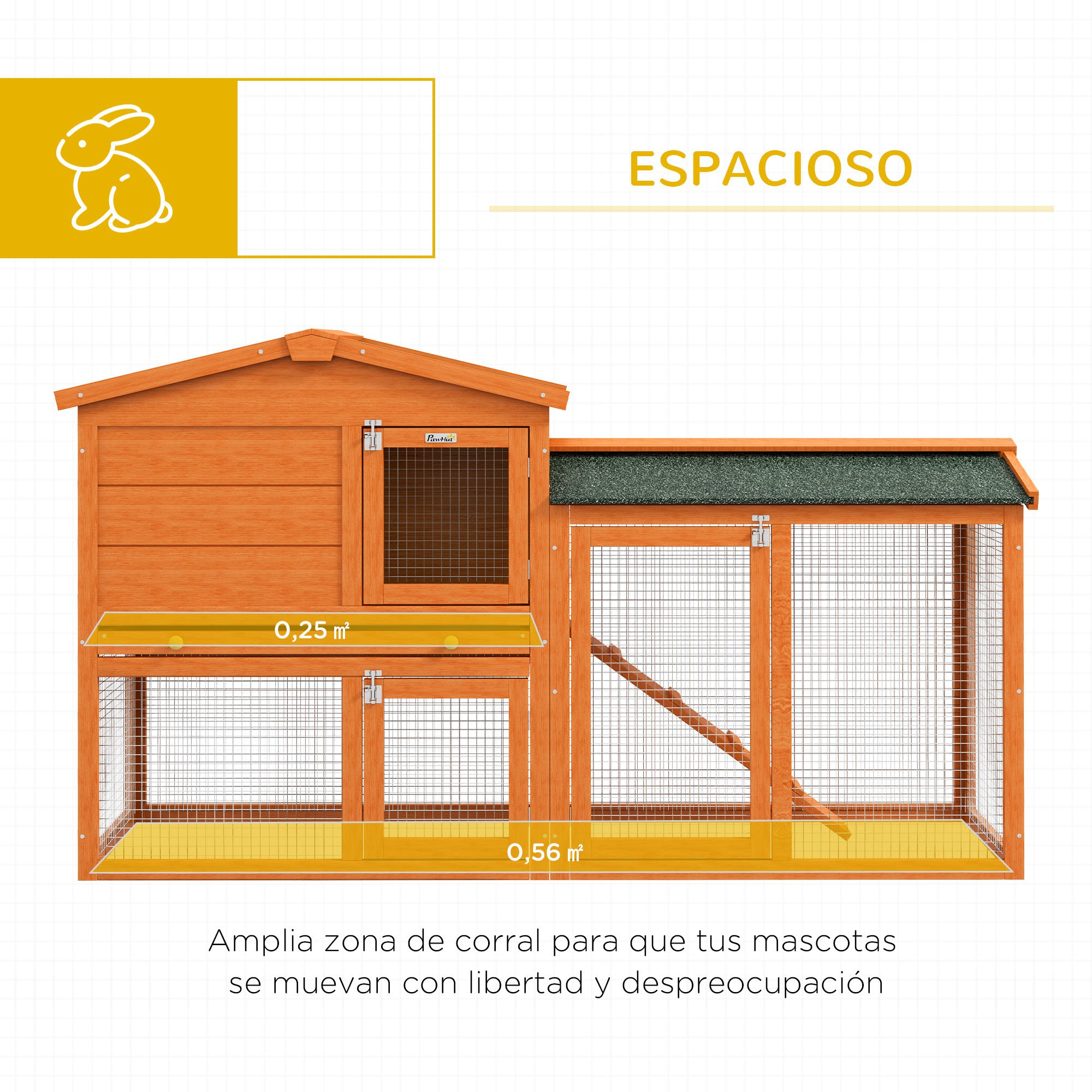 Una conejera de madera con casa y zona de correteo. Tiene un techo verde y un diseño espacioso para la mascota.