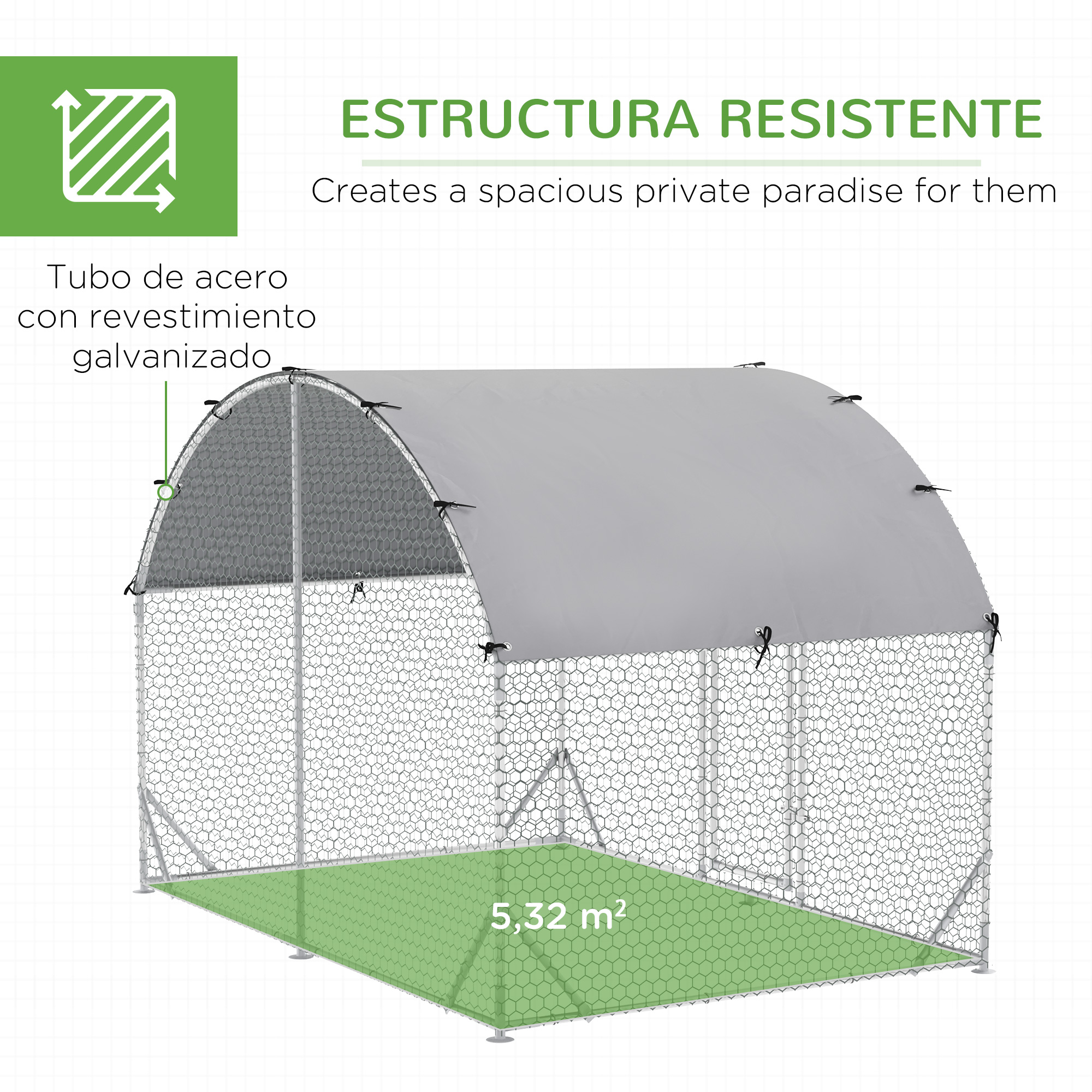 Un gallinero con estructura metálica y suelo verde. El gallinero tiene techo gris y está abierto.