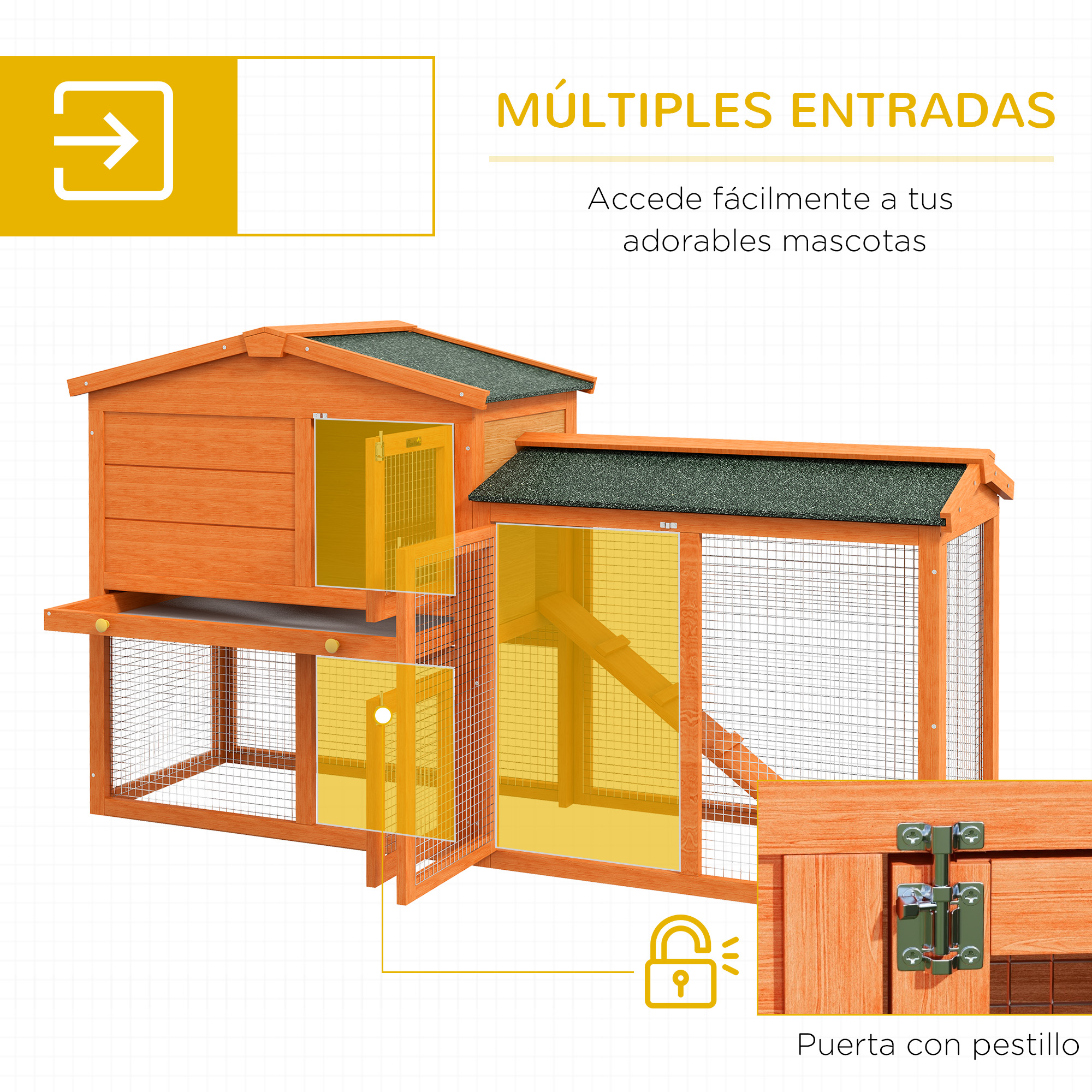 Casa de mascotas de madera con múltiples entradas, puerta con pestillo e interior amarillo.