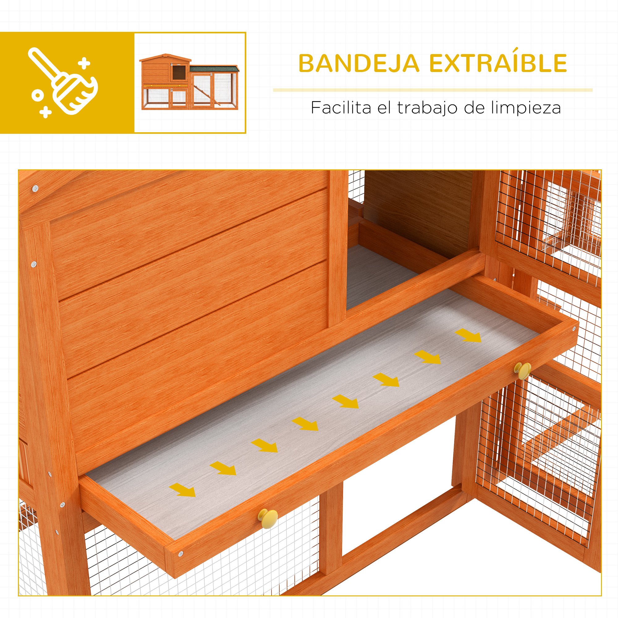 Primer plano de una bandeja extraíble en un gallinero de madera. Flechas apuntan a la bandeja.