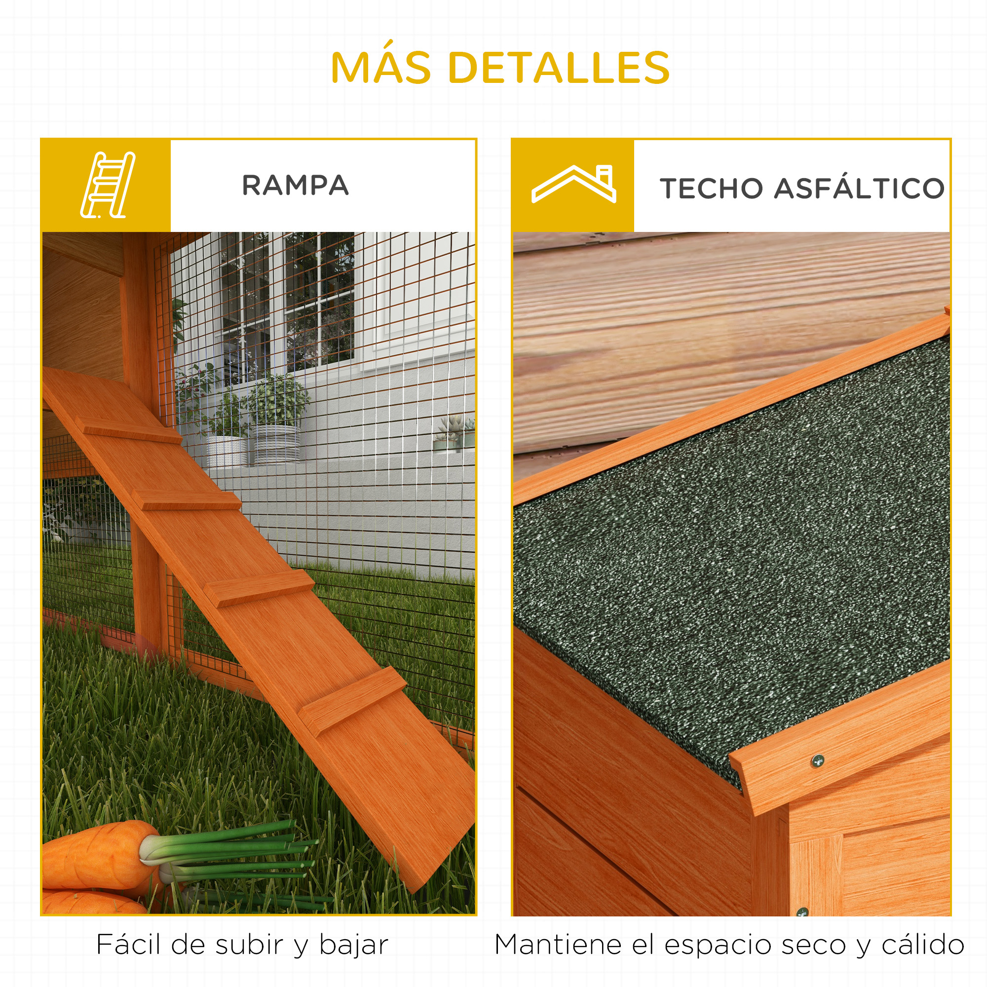 Primer plano de una rampa de madera y techo asfáltico para un gallinero, con descripciones de texto.