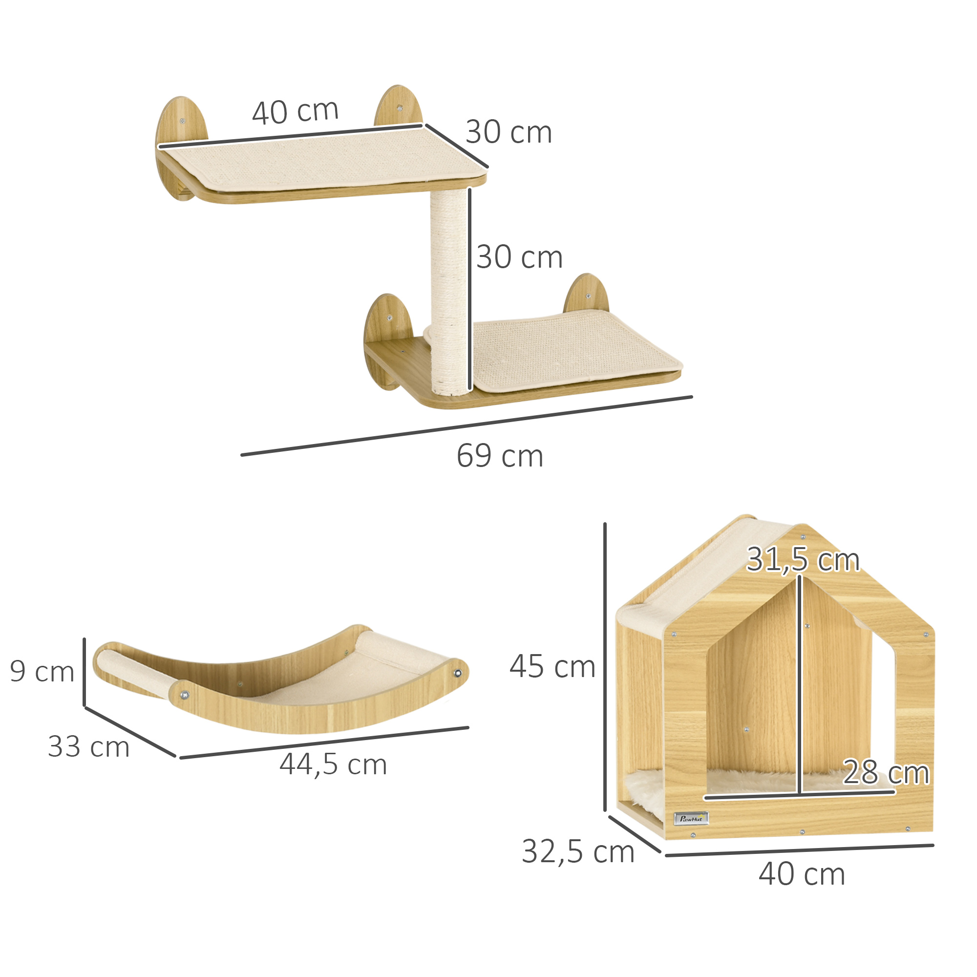 Tres muebles para gatos: una cama de pared, un rascador y una cama en forma de casa.