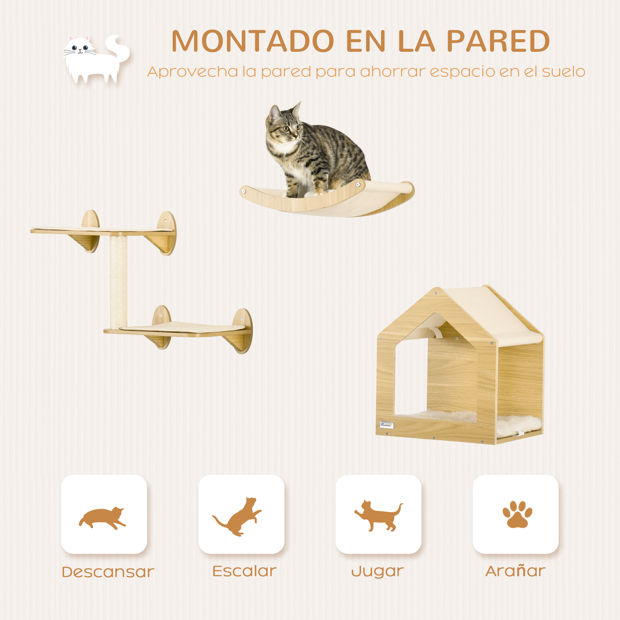 Un gato en una estantería de pared. Muestra estantes para gatos, una casa para gatos e iconos de actividad felina.