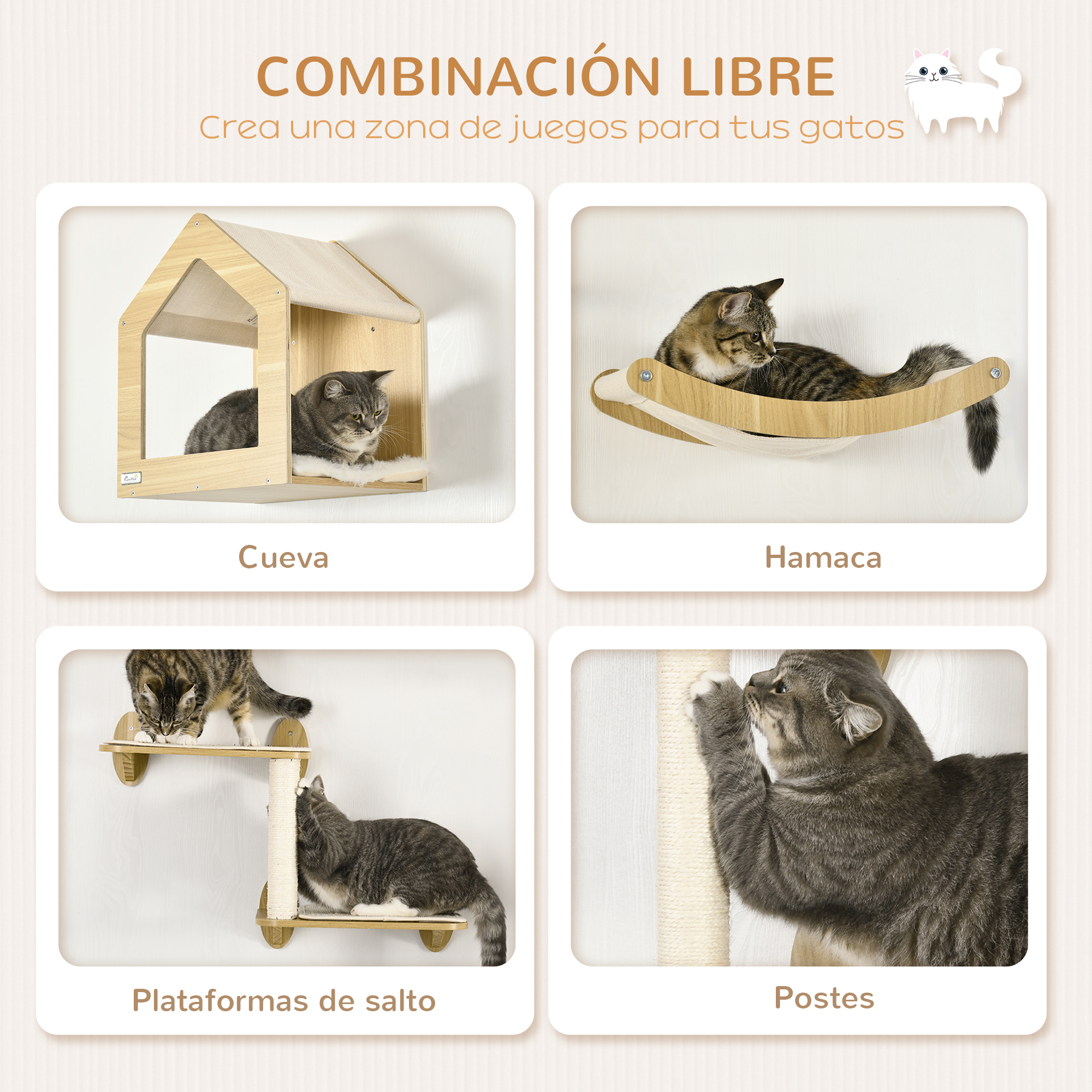 Cuatro imágenes de gatos usando muebles para gatos: una casa, una hamaca, plataformas de escalada y postes rascadores.