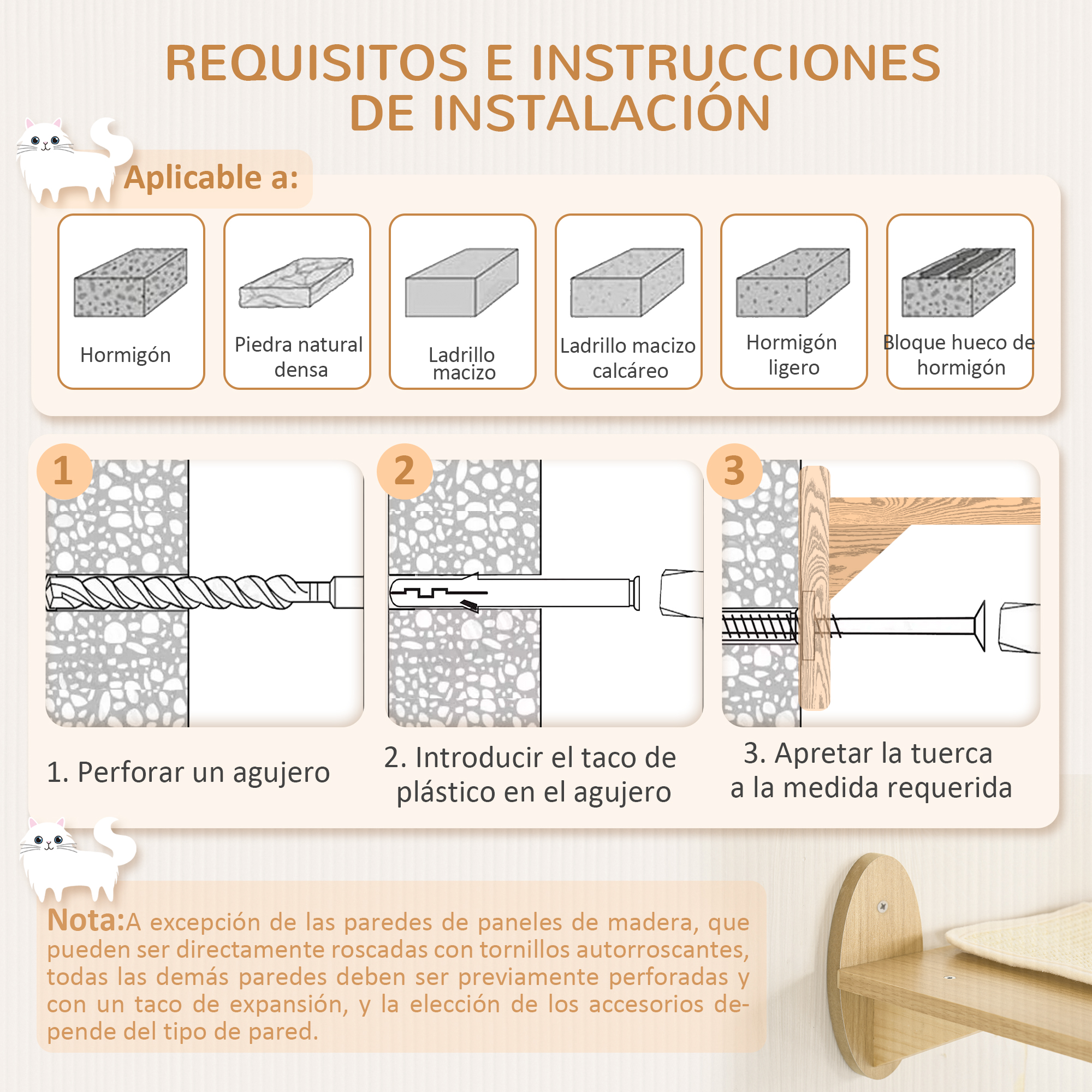 Instrucciones de instalación: taladrar un agujero, insertar el taco de plástico y apretar la tuerca. Varios materiales.