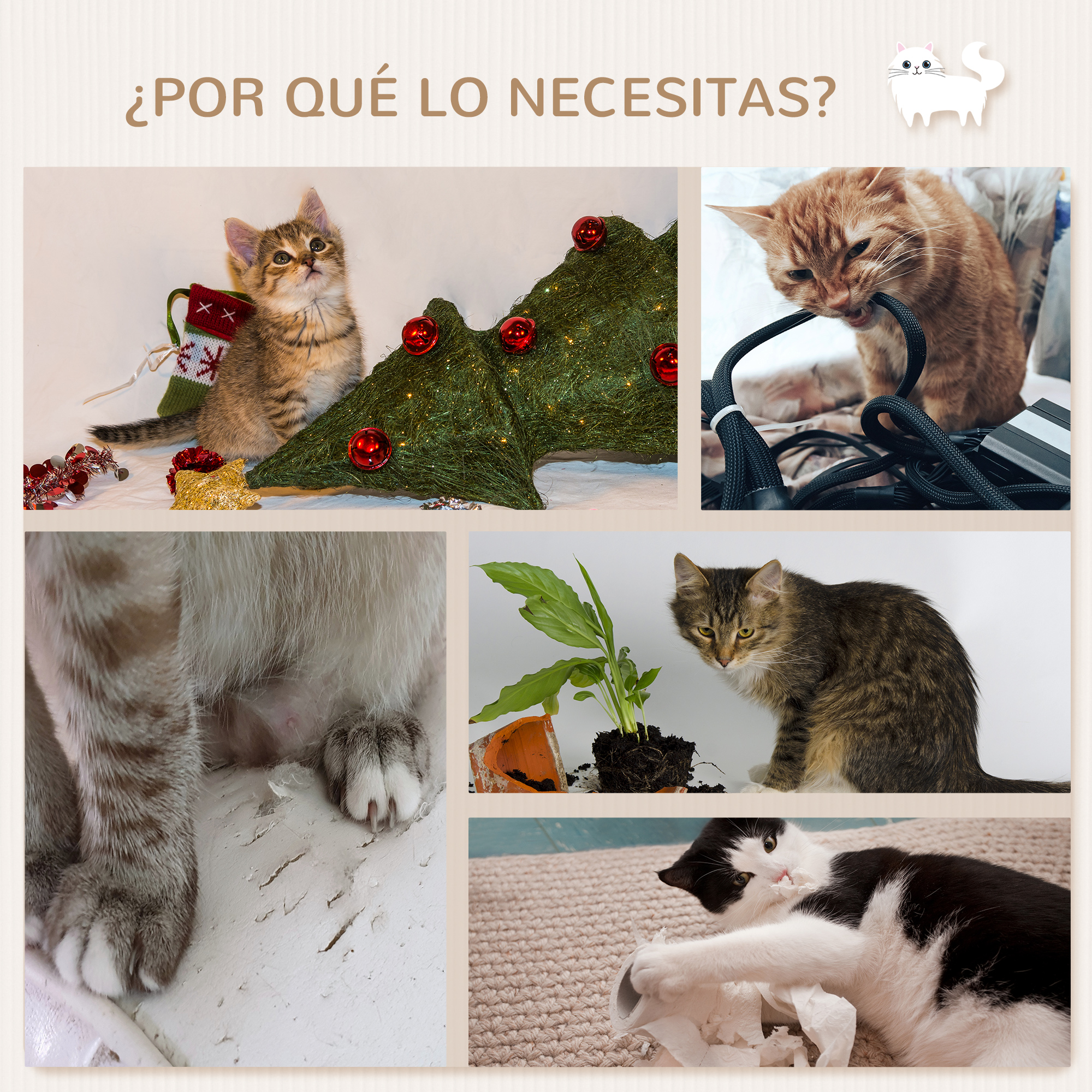 Gatos con un árbol de Navidad y un calcetín. Un gato muerde un cable, otro juega con papel.