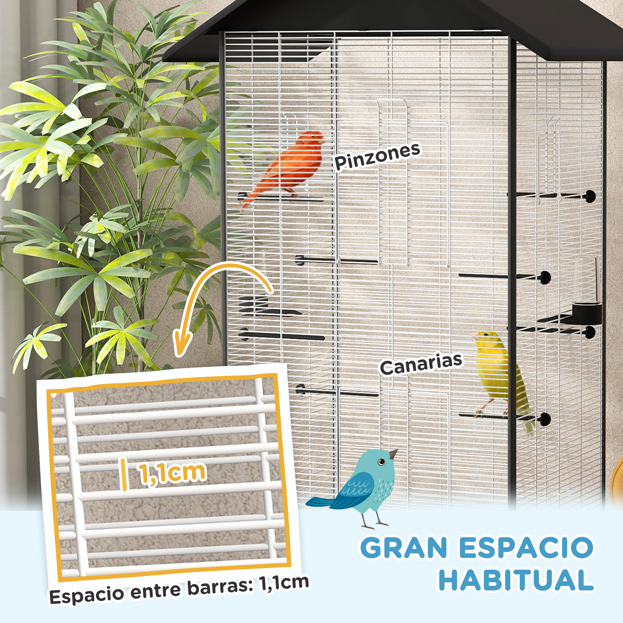 Jaula de pájaros con pájaros. Hay pájaros naranjas, amarillos y azules.