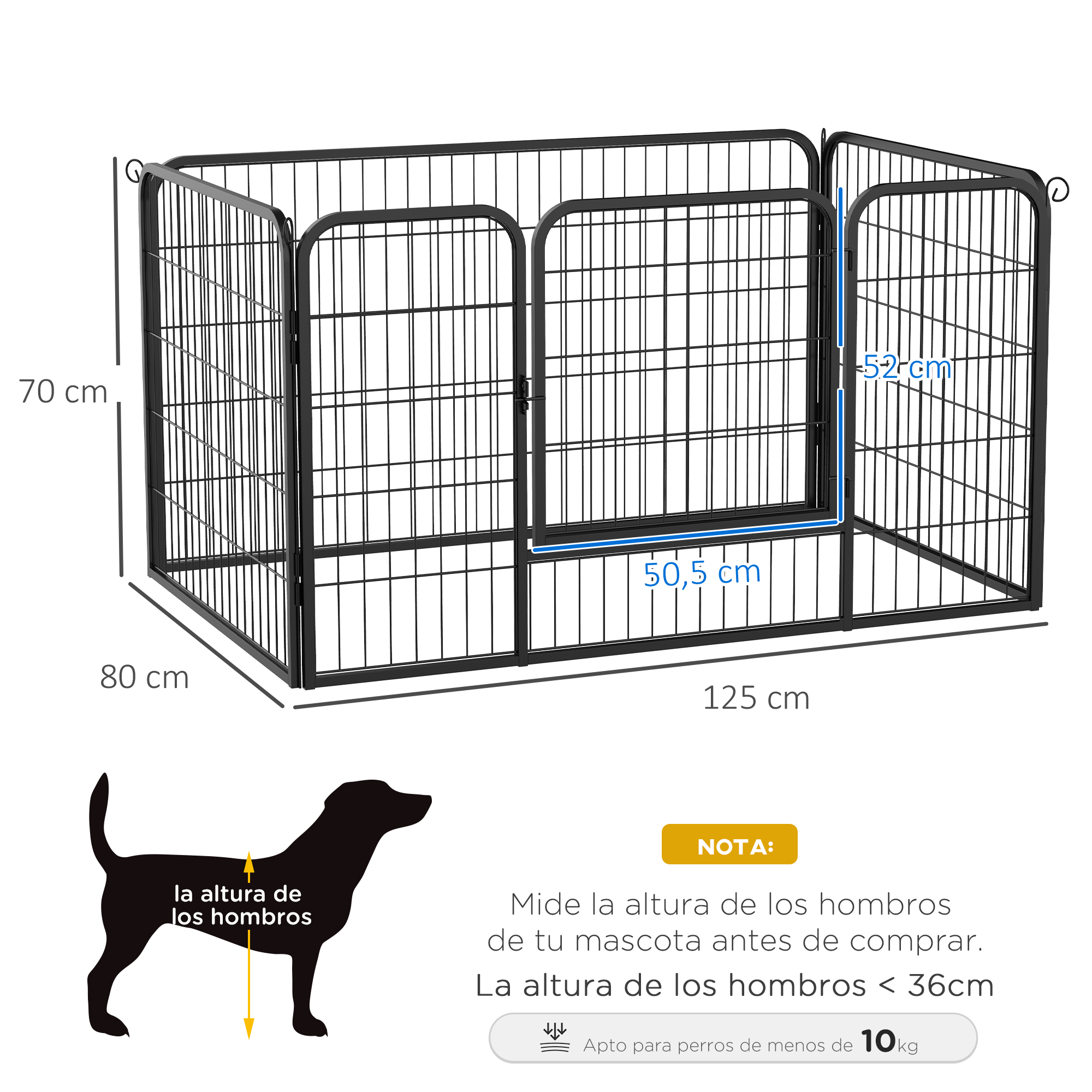 Un parque para perros de metal negro con medidas y una silueta de un perro. Texto muestra la altura de los hombros.
