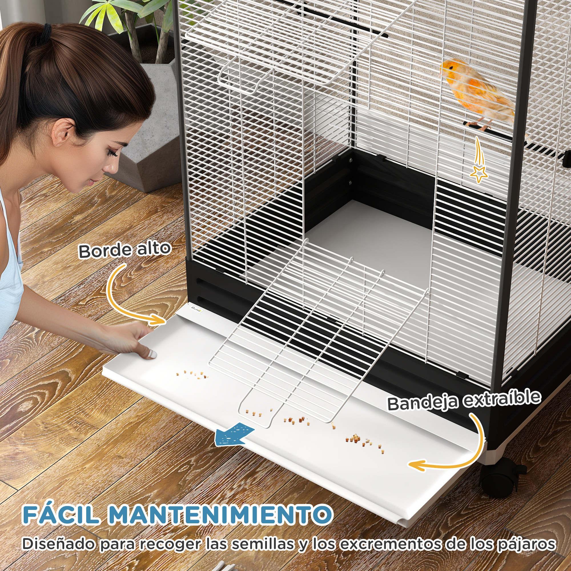 Mujer limpiando jaula de pájaros, texto: "FÁCIL MANTENIMIENTO".