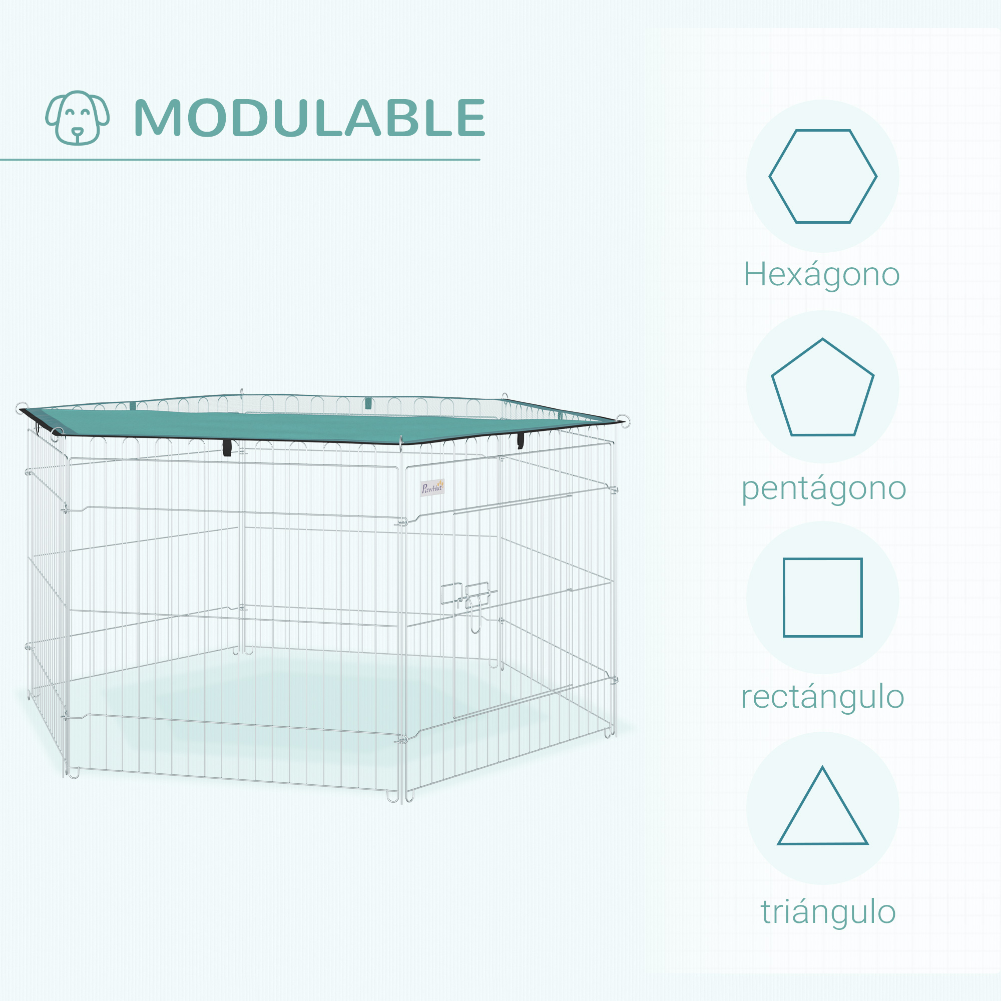 Una jaula modular para perros con techo verde y diagramas de formas.