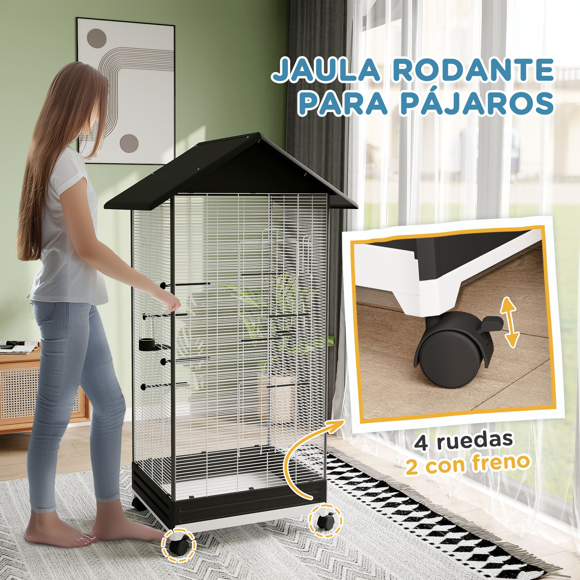 Mujer junto a una jaula con ruedas y techo negro.
