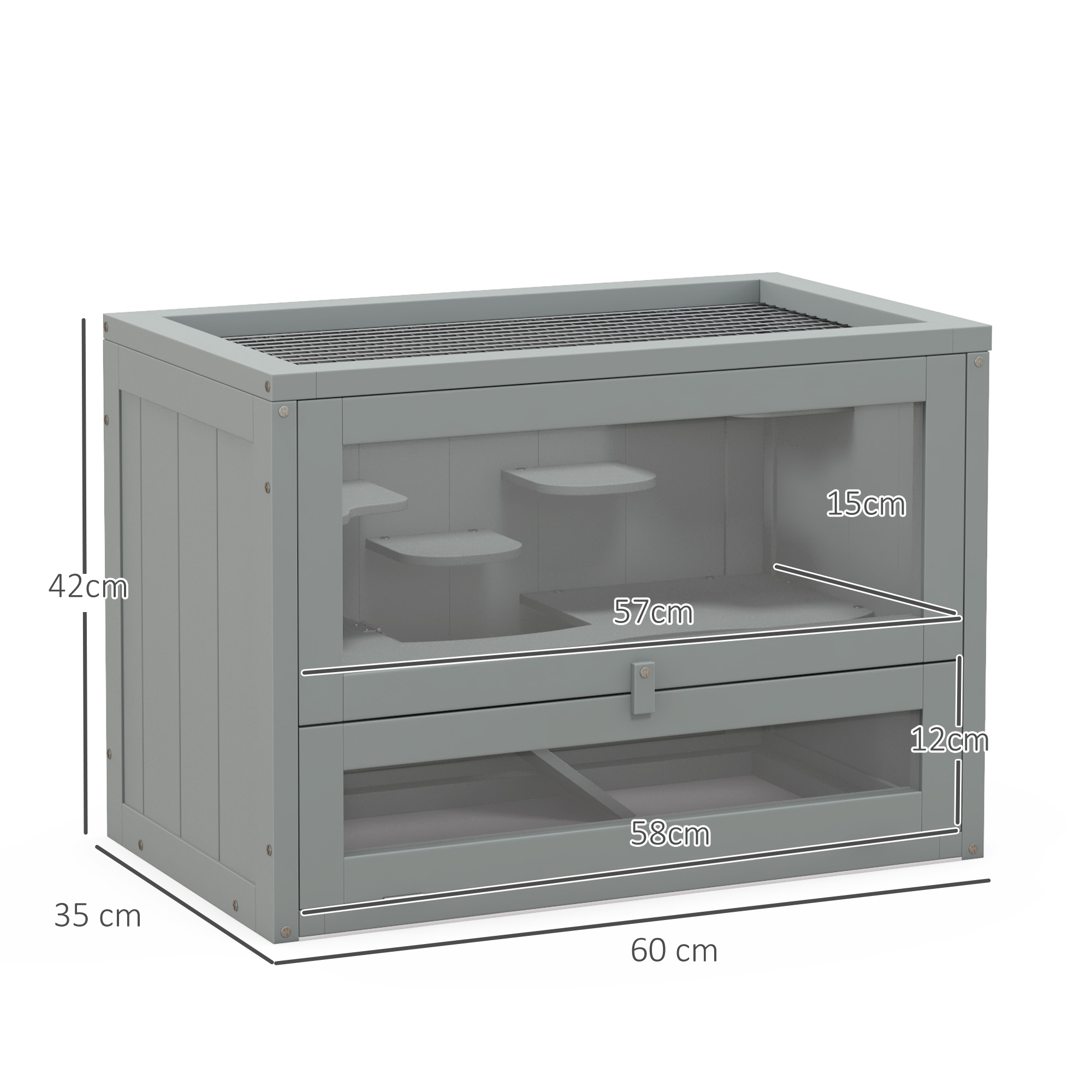 Recinto para reptiles de madera gris con dimensiones. Incluye estantes y un cajón deslizante, frente de vidrio.