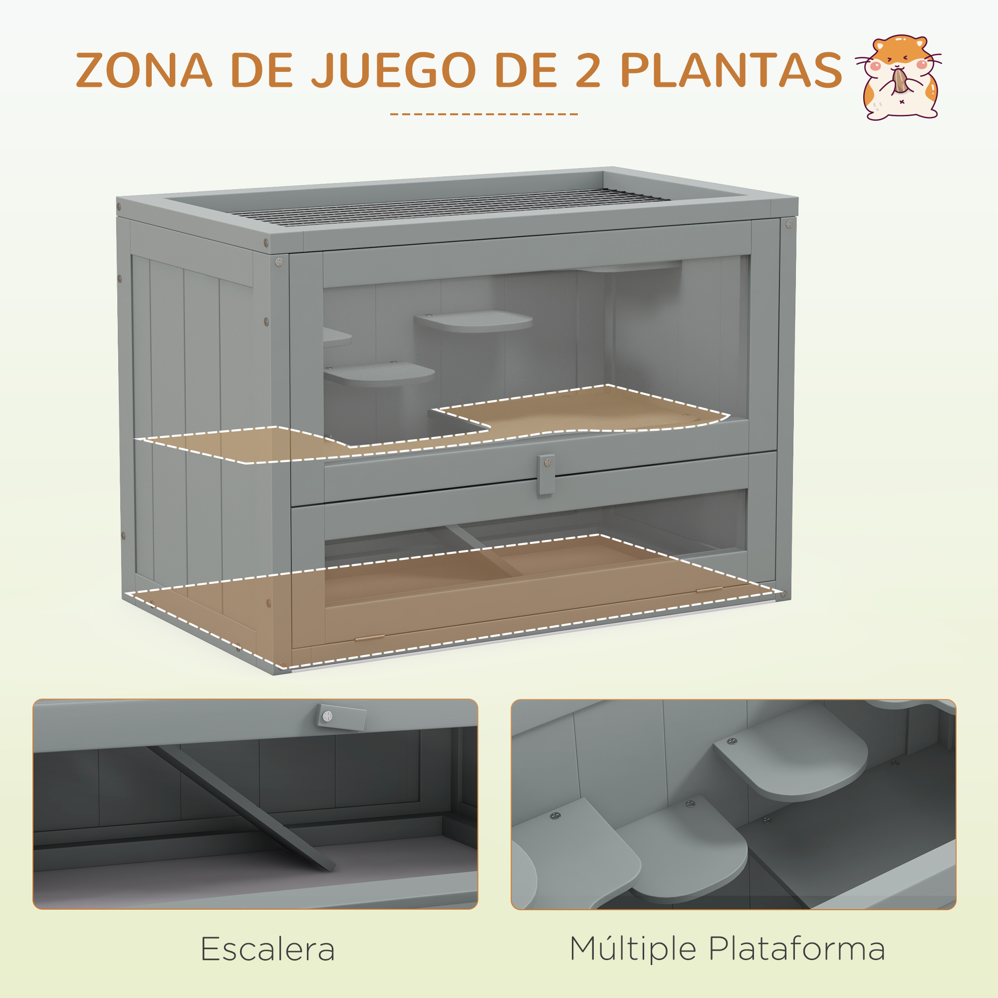 Una jaula para hámster gris con múltiples niveles. Incluye una escalera, plataformas y un frente transparente.