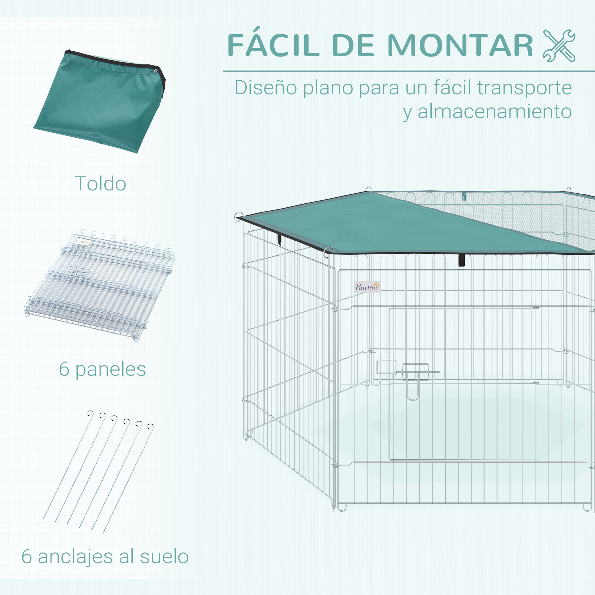 Parque hexagonal para mascotas con cubierta verde azulado, seis paneles y anclajes al suelo. Fácil de montar.