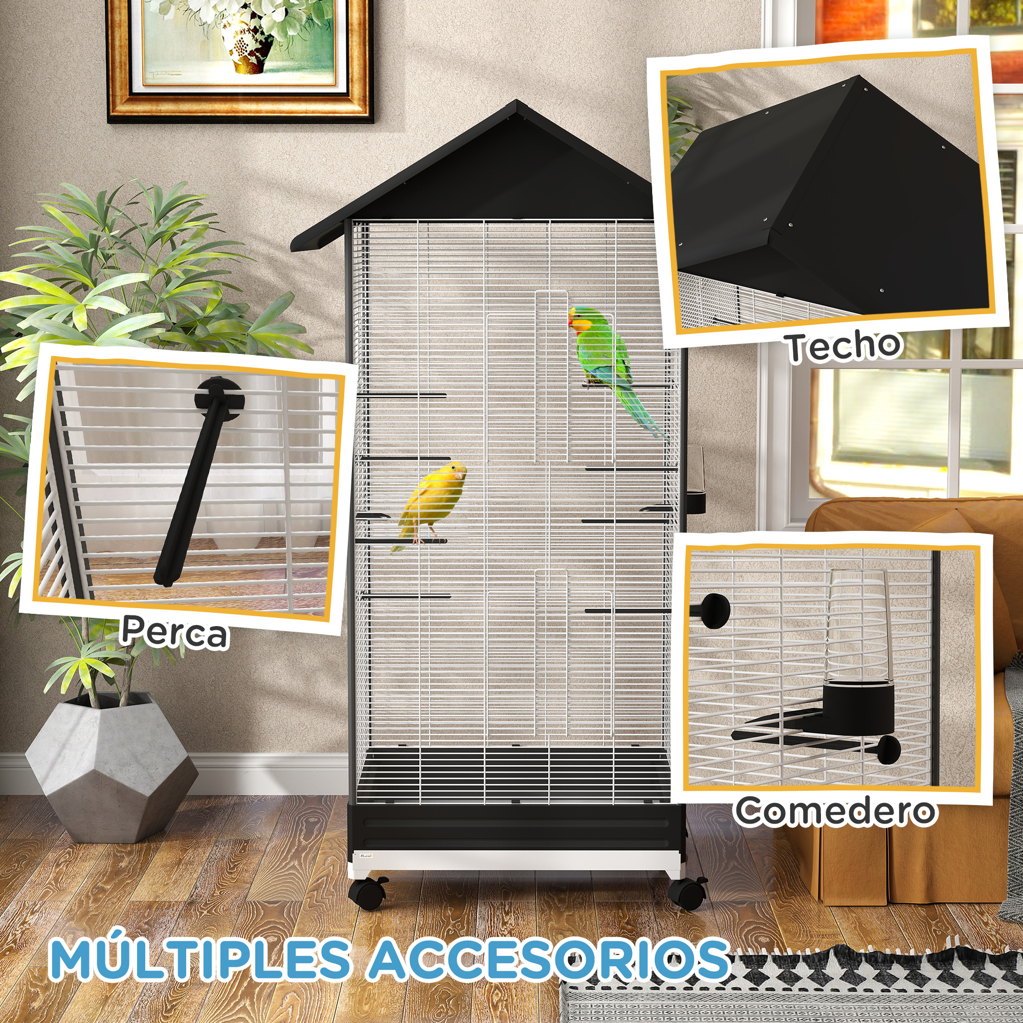 Una jaula para pájaros con múltiples accesorios: percha, comedero y un techo.