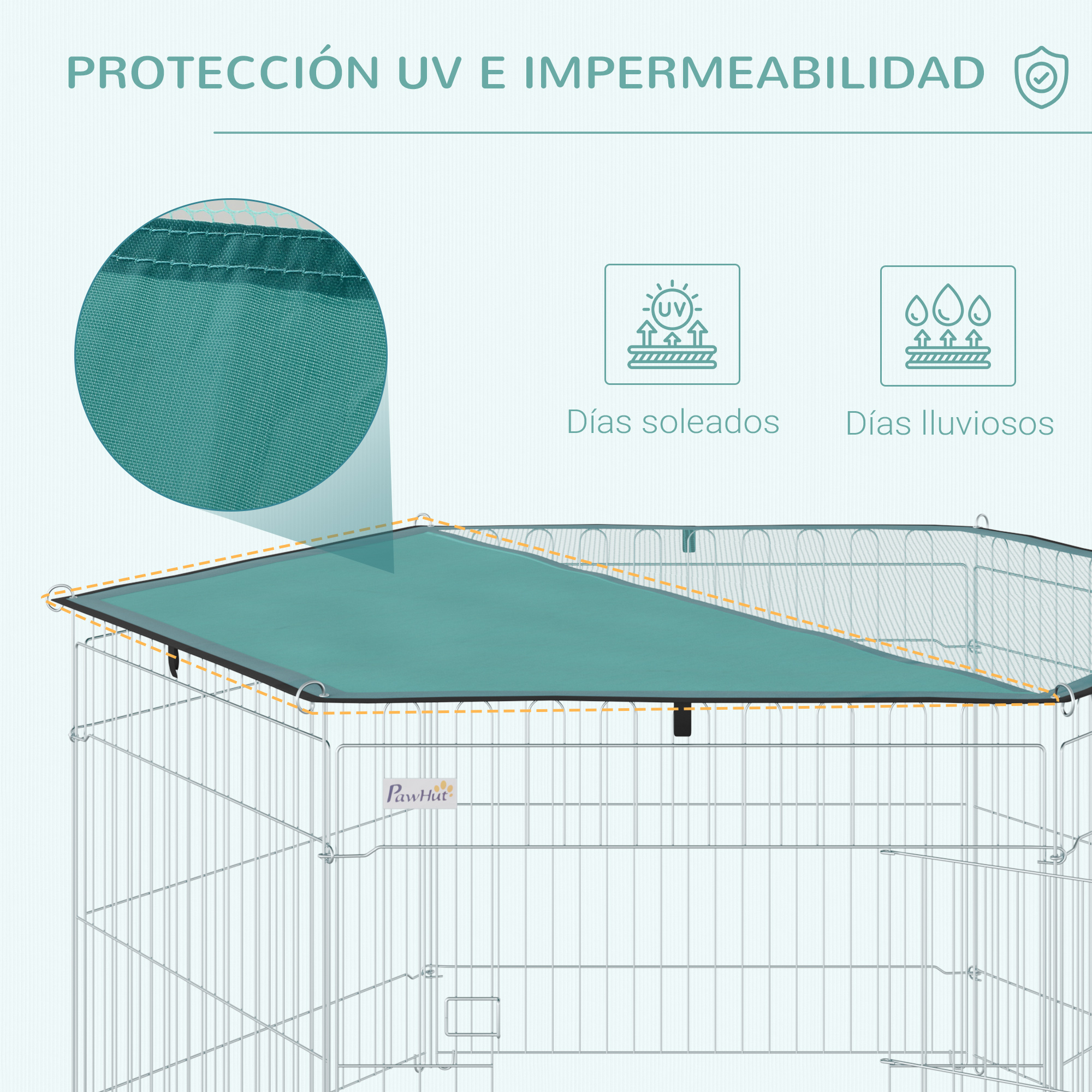 Una caseta para perros con techo verde, protección UV y protección contra la lluvia. Etiquetas de texto.