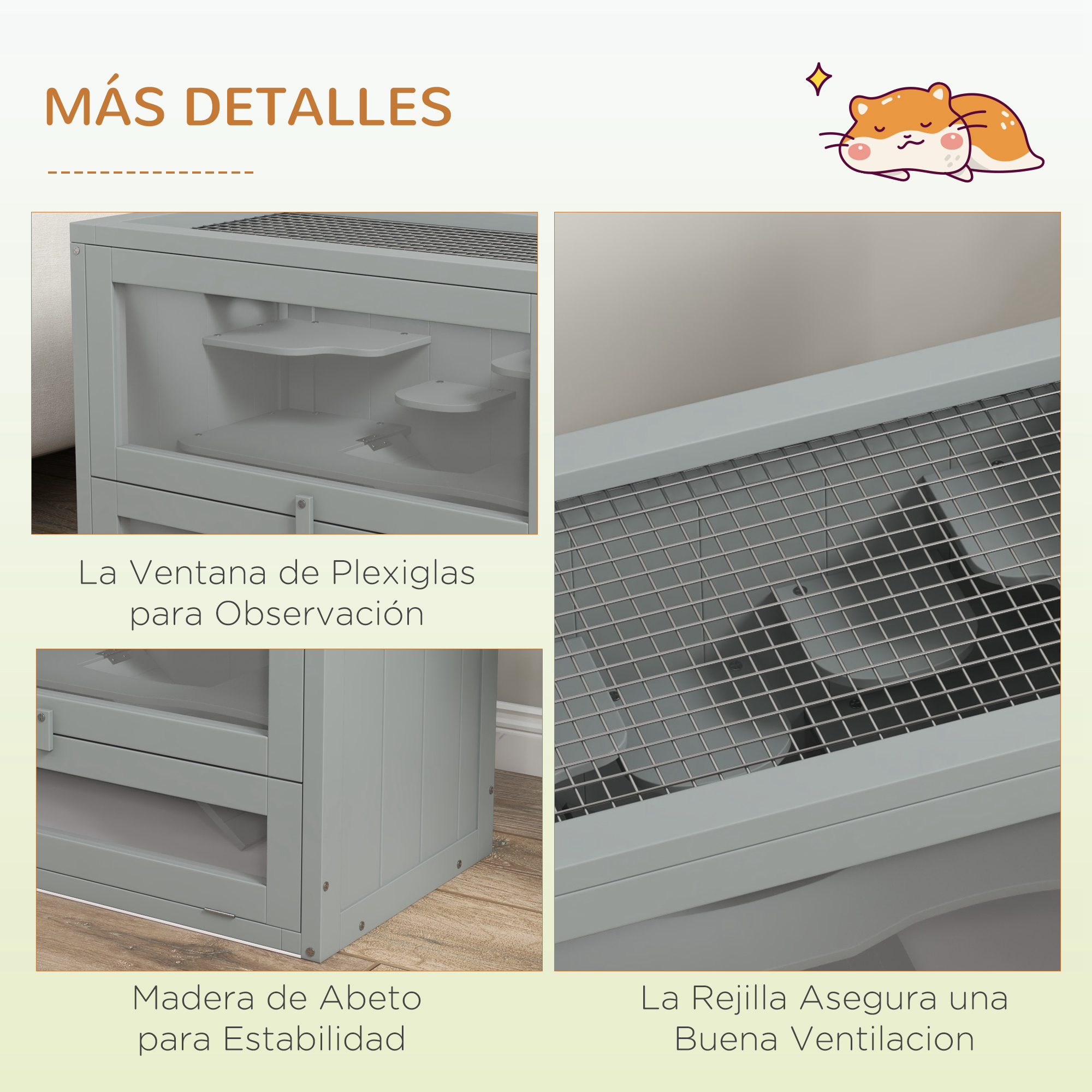 Detalles de jaula de hámster de madera gris con ventilación y ventanas de observación. Texto: «MÁS DETALLES».