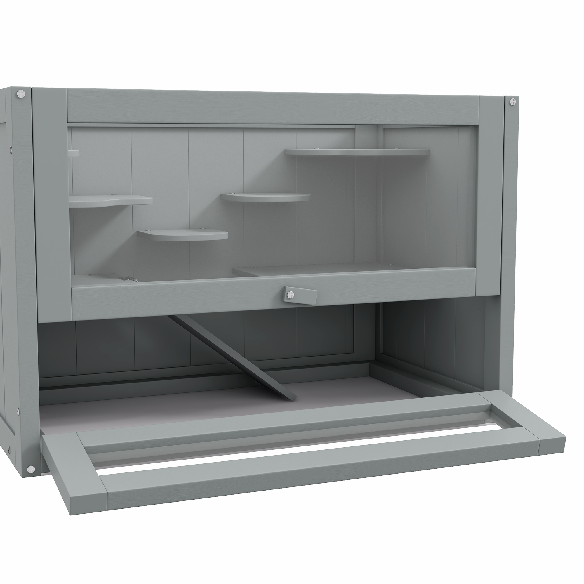Recinto gris para mascotas con múltiples niveles y puerta frontal. El fondo es blanco.