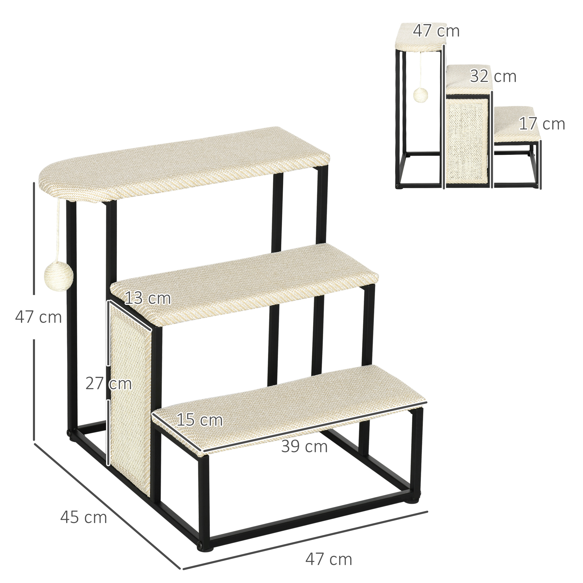 Un escalón para gatos con dimensiones, con una bola colgando del escalón superior.