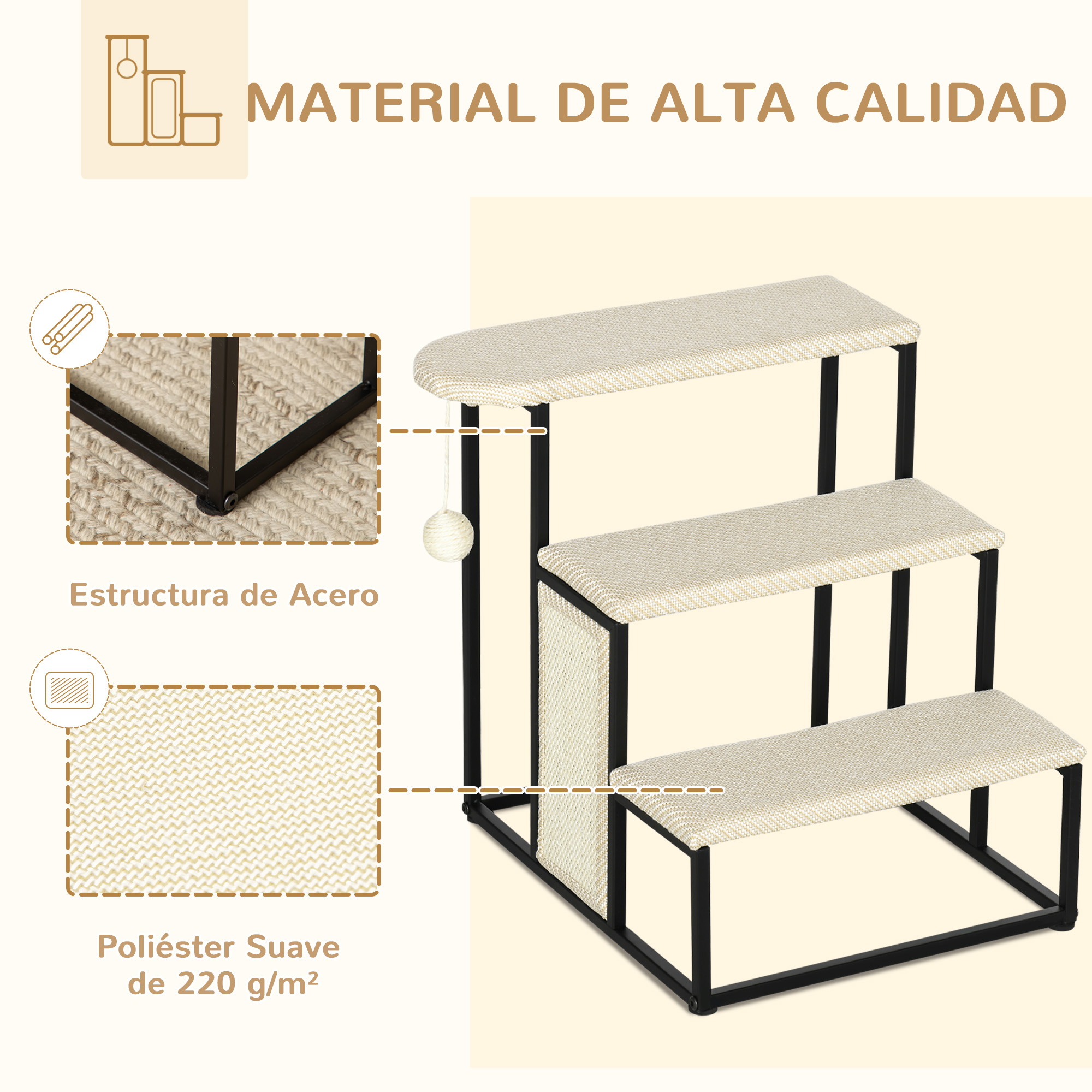 Escaleras para gatos de acero y poliéster suave, detalles y primeros planos.
