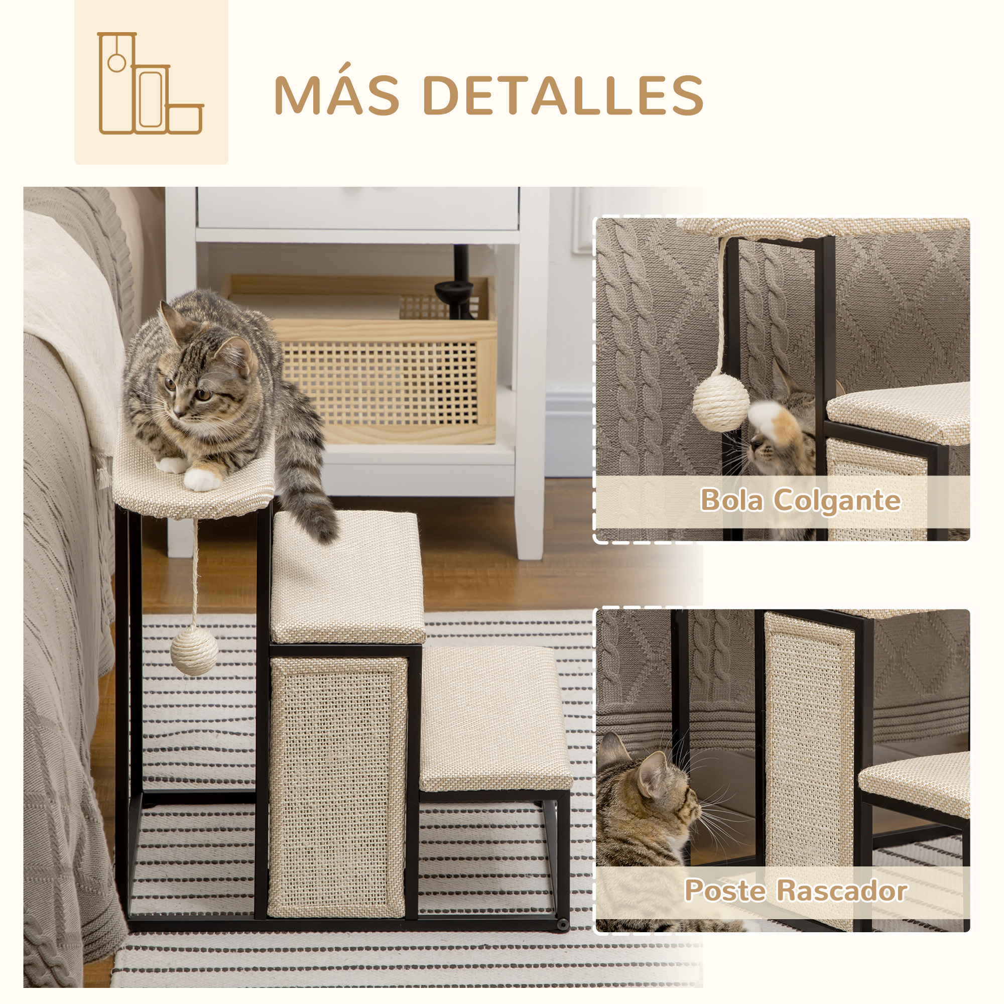 Árbol para gatos con gato encima. Se muestra bola colgante y poste rascador. Fondo neutro.