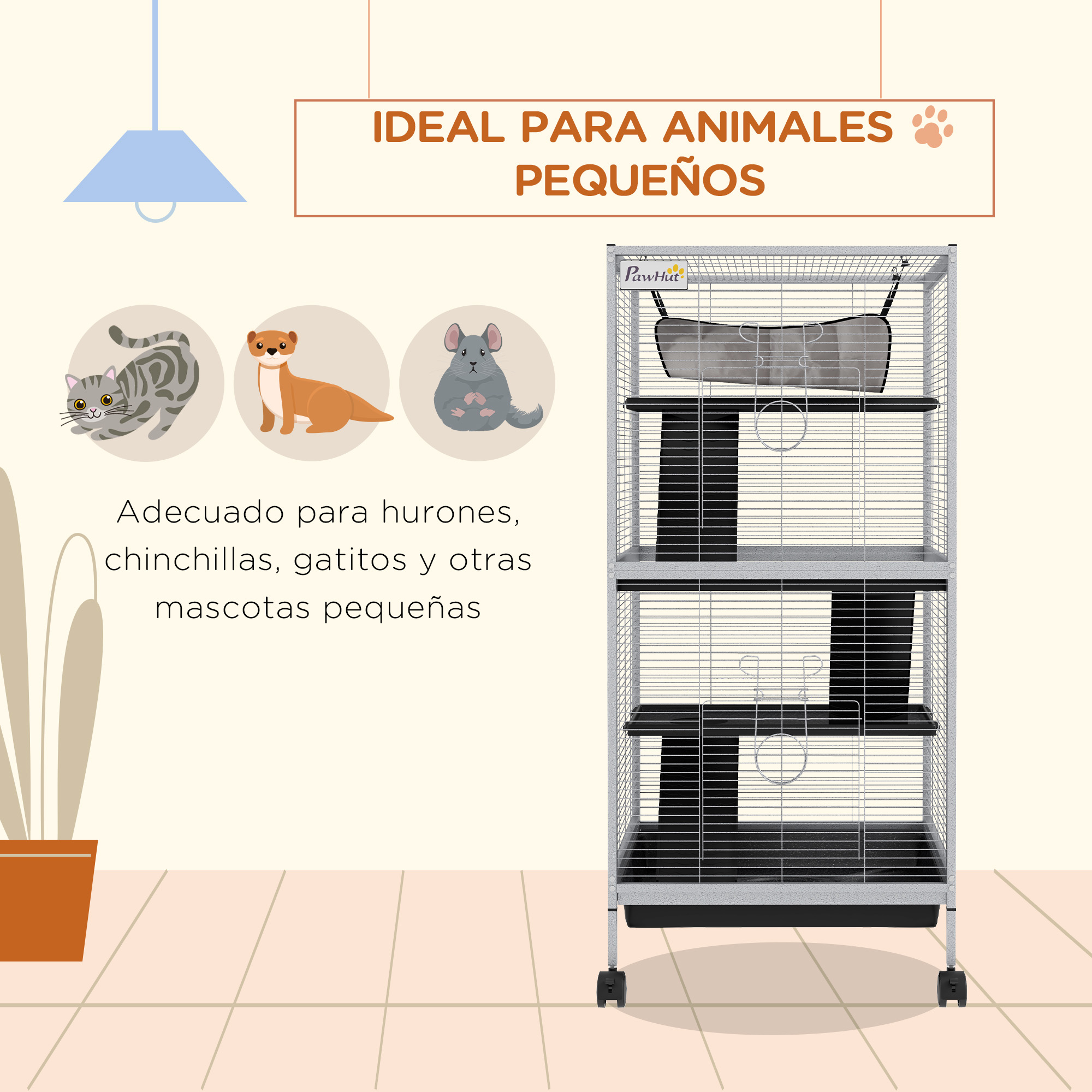 Una jaula de animales pequeños de varios niveles con ilustraciones de animales pequeños y texto en español.