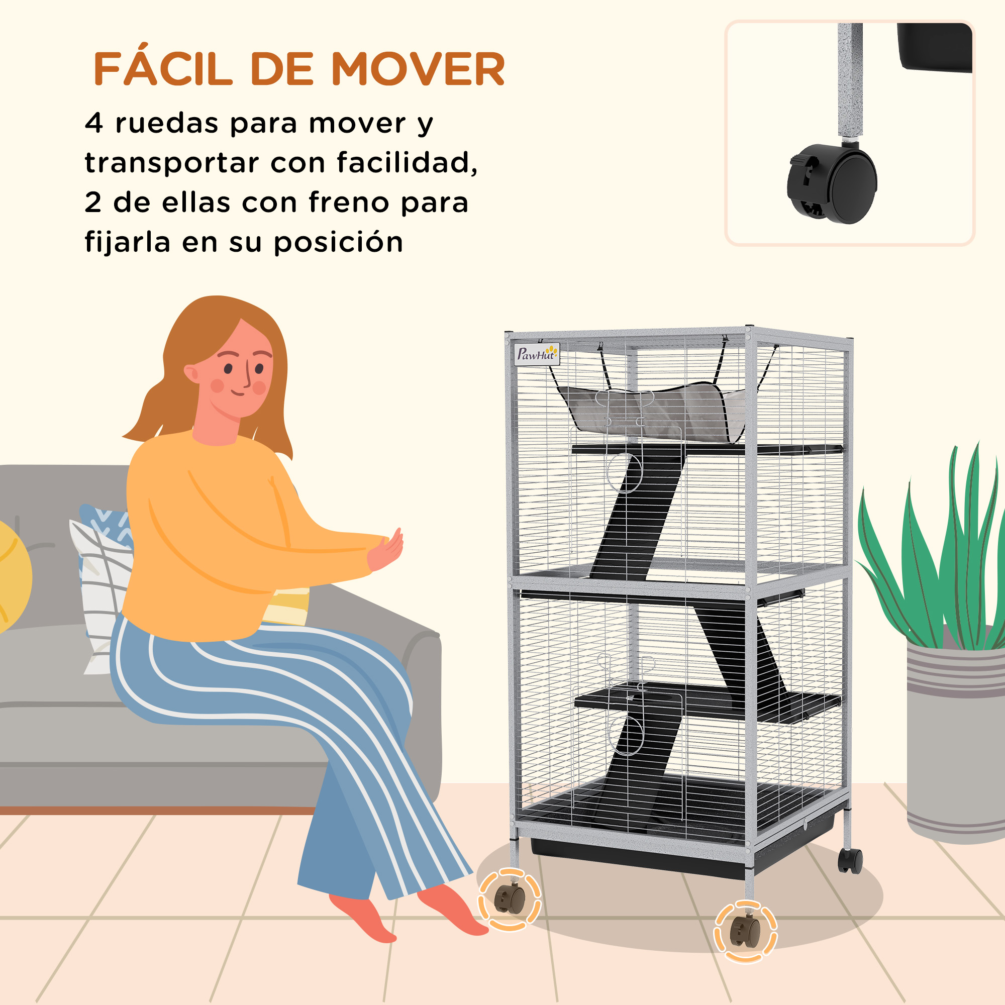 Una mujer cerca de una jaula móvil para gatos, que tiene ruedas y estantes.