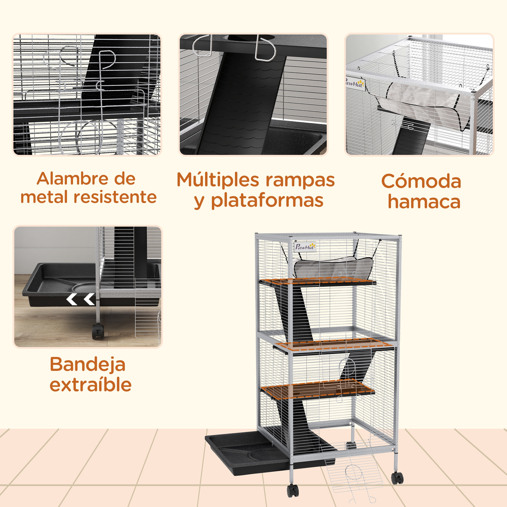 Jaula para gatos con múltiples rampas, plataformas y una hamaca. Características: alambre de metal resistente, bandeja extraíble.