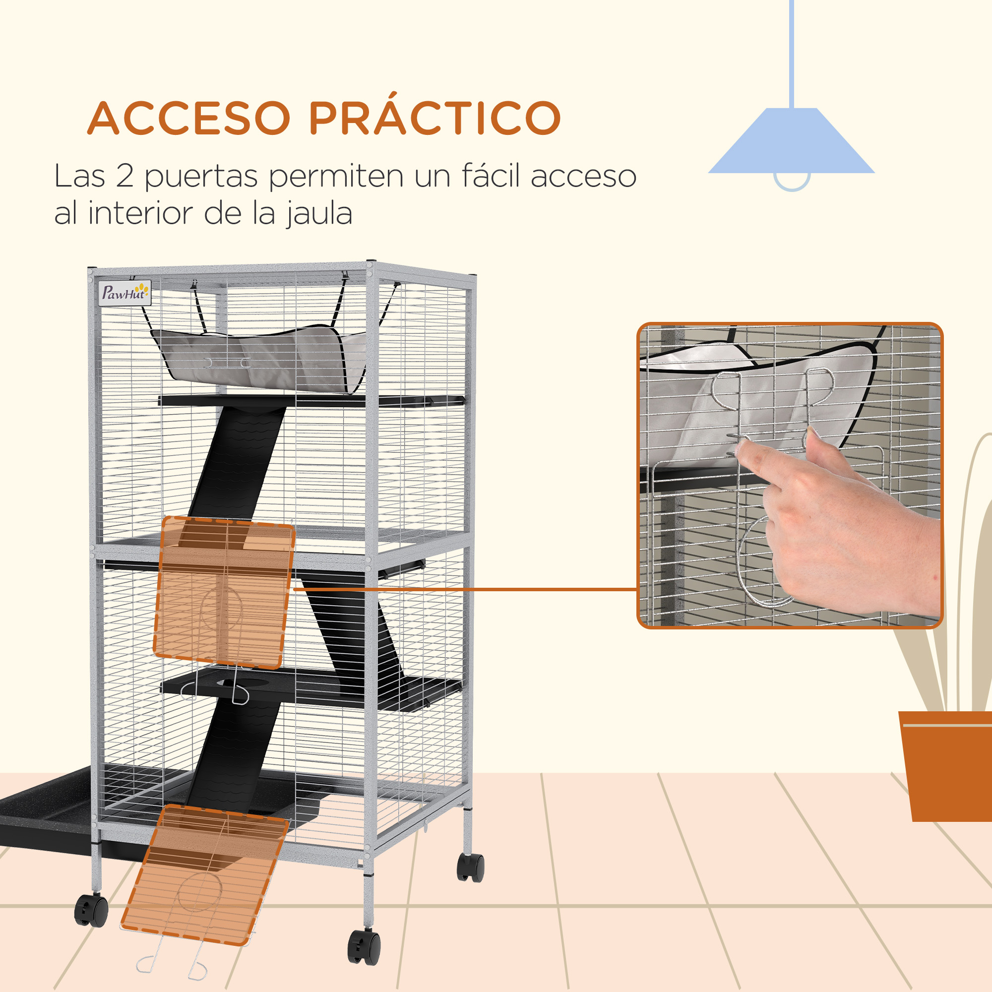 Una jaula para gatos con ruedas y varios niveles, y una mano que alcanza el interior. Naranja y negro.