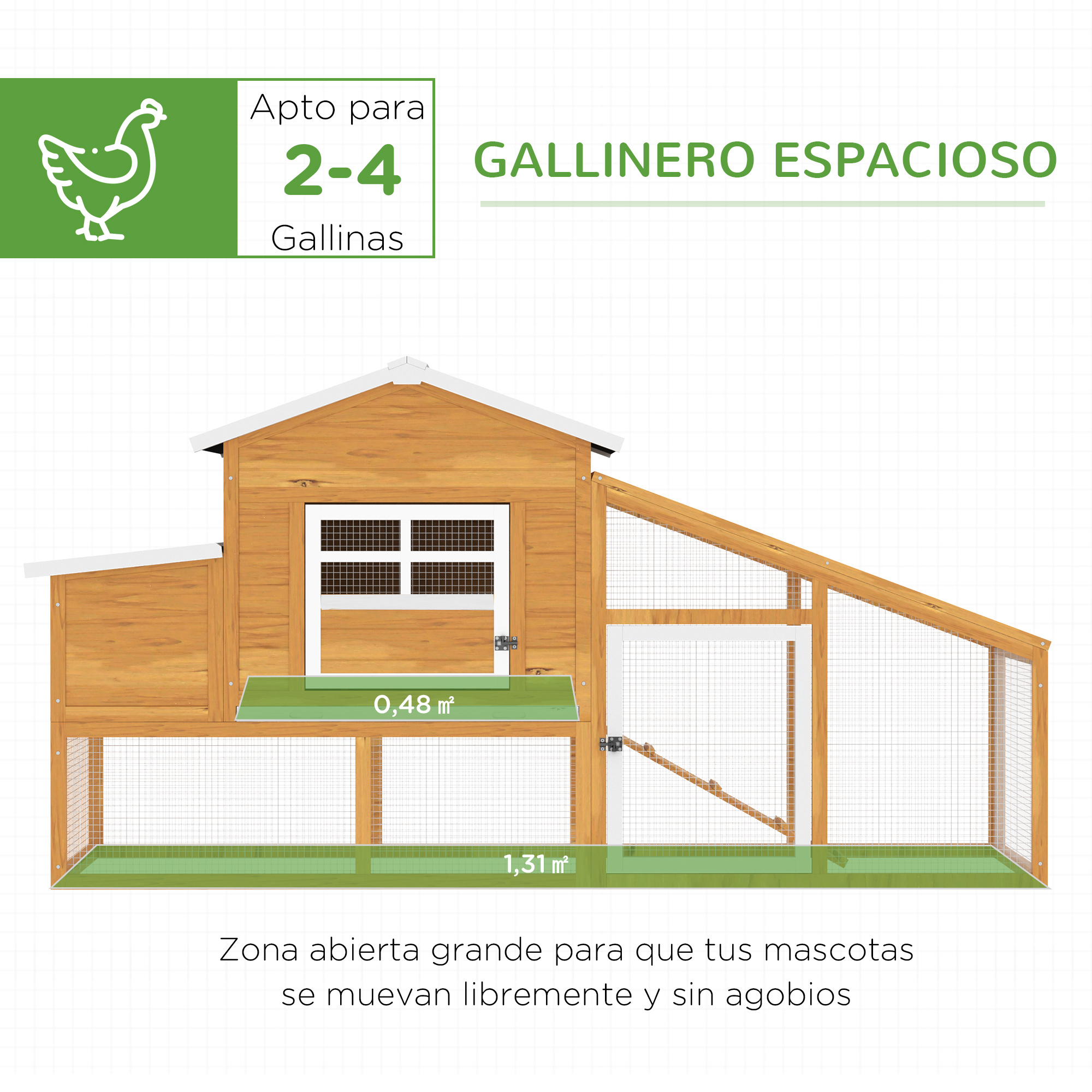 Un gran gallinero de madera con rampa y área cubierta. Incluye cajas nido y dimensiones.