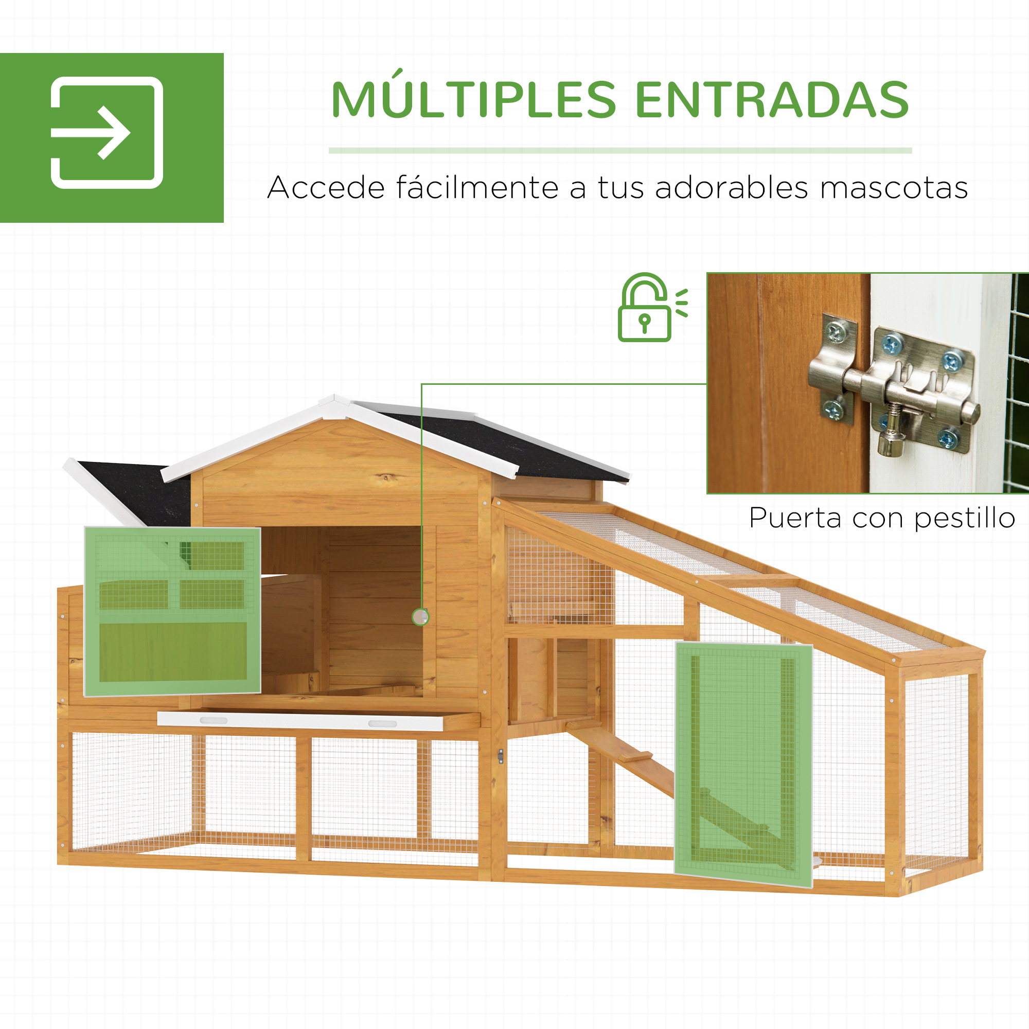 Gallinero de madera con múltiples entradas, malla de alambre y techo negro.