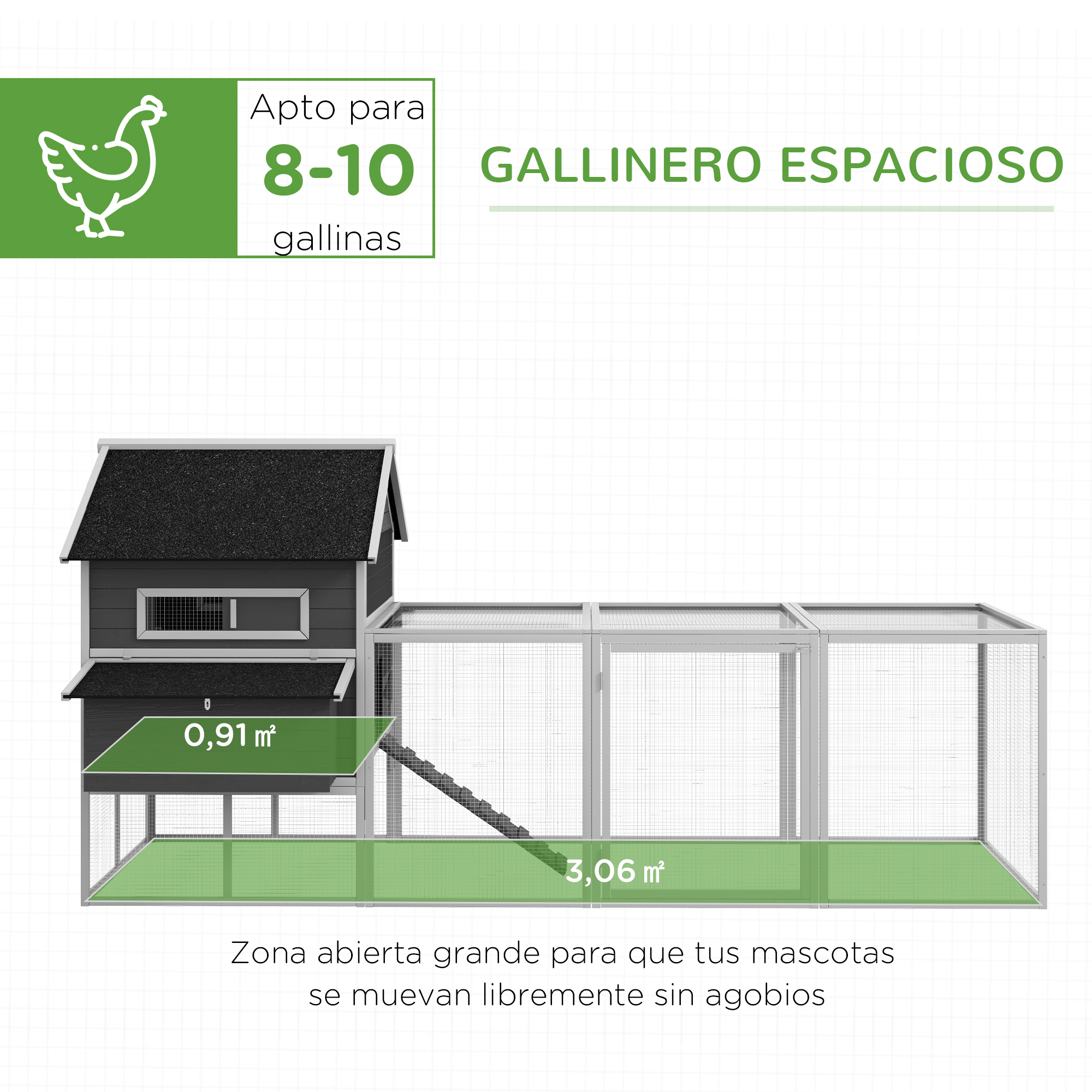 Diagrama de un espacioso gallinero con dimensiones y texto etiquetados.