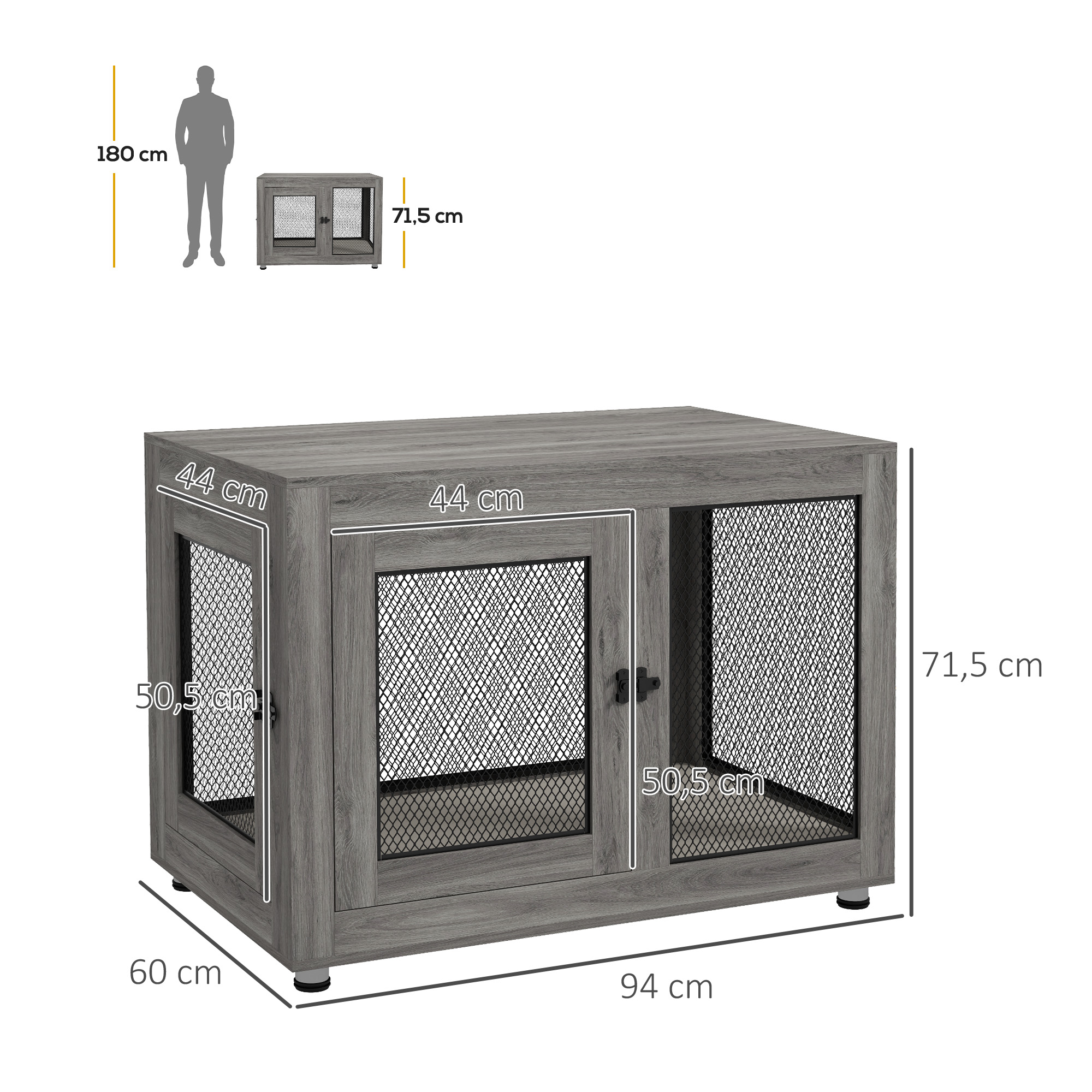 Graue Hundebox mit Maßen und menschlicher Silhouette.