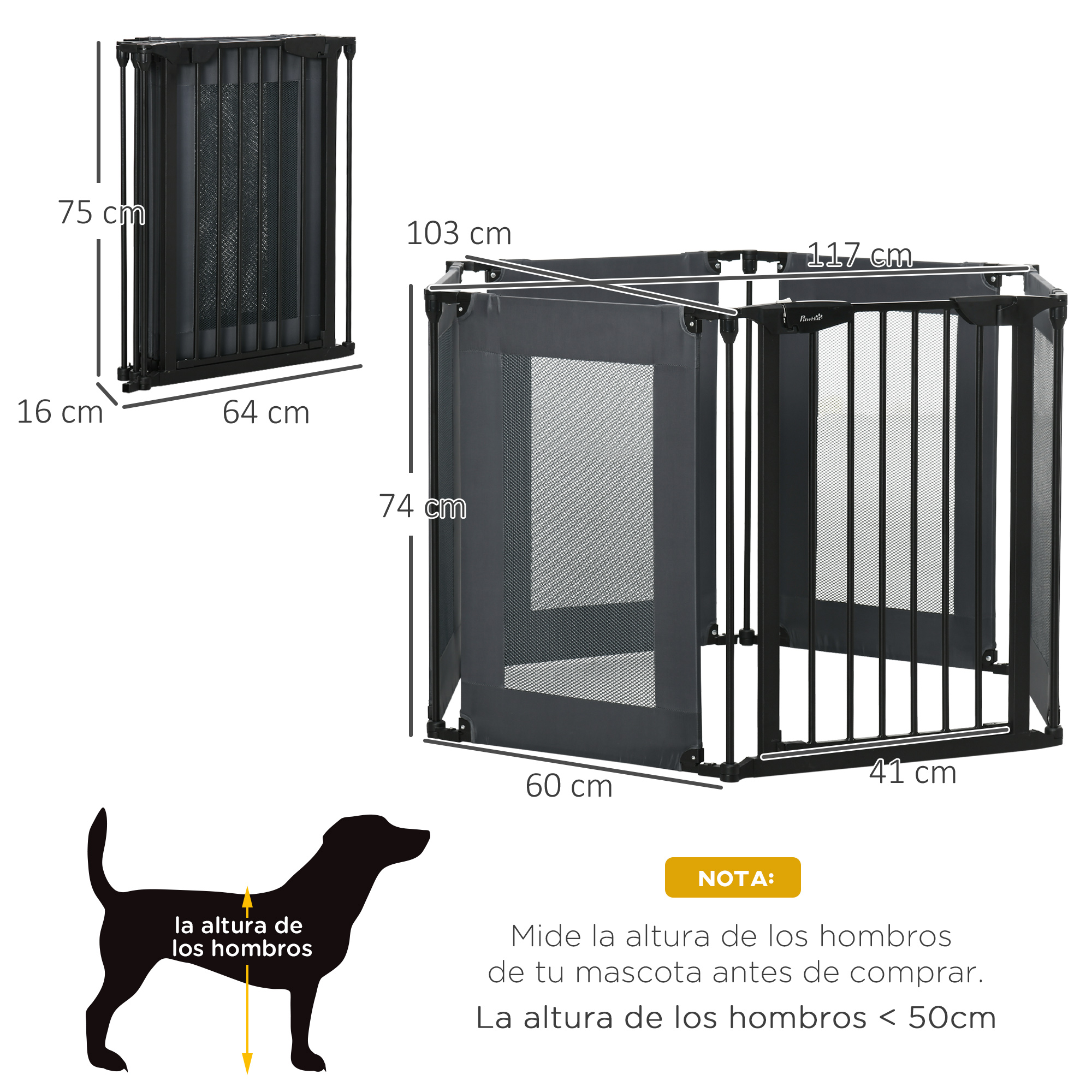 Corral para perros con dimensiones. Marco negro, paredes de malla. Silueta de un perro muestra altura.