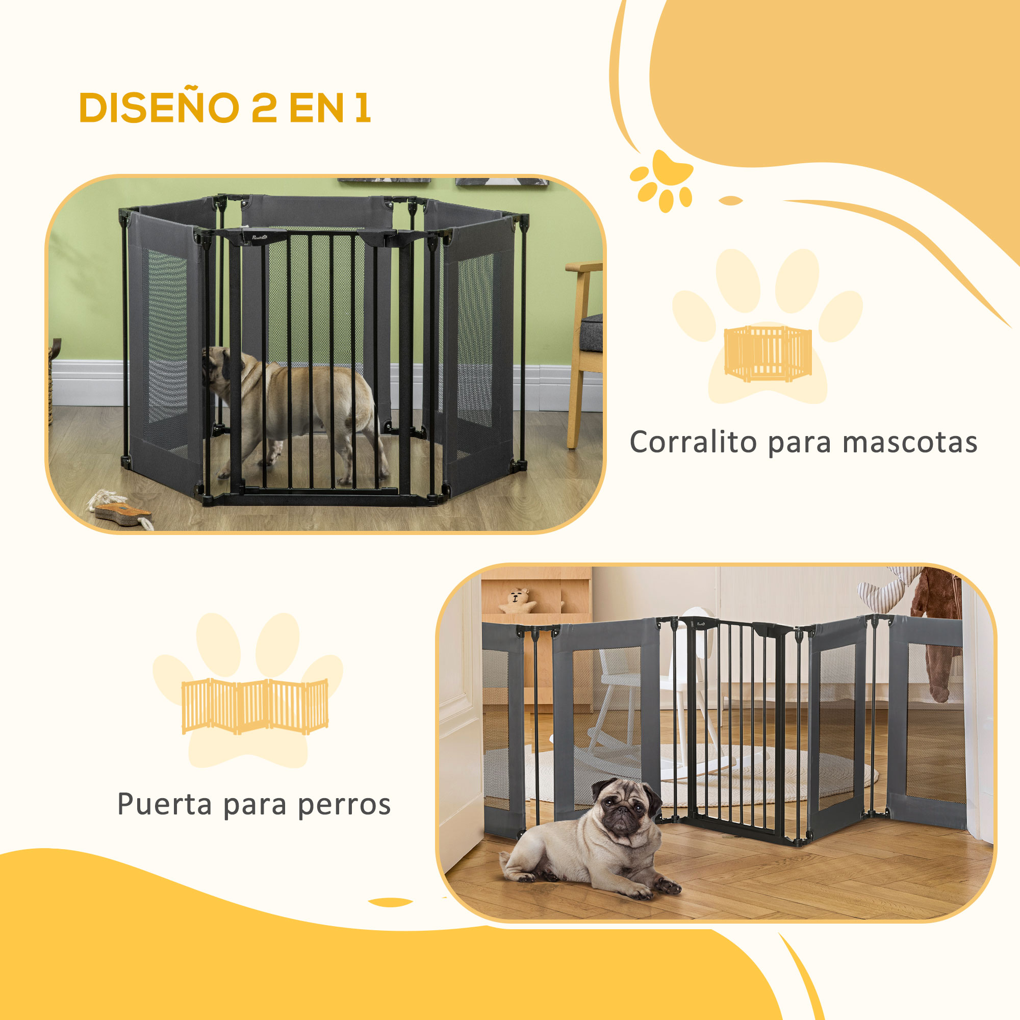 Parque para mascotas y puerta para perros. Uno tiene un perro, uno tiene un pug. Texto: Diseño 2 en 1.